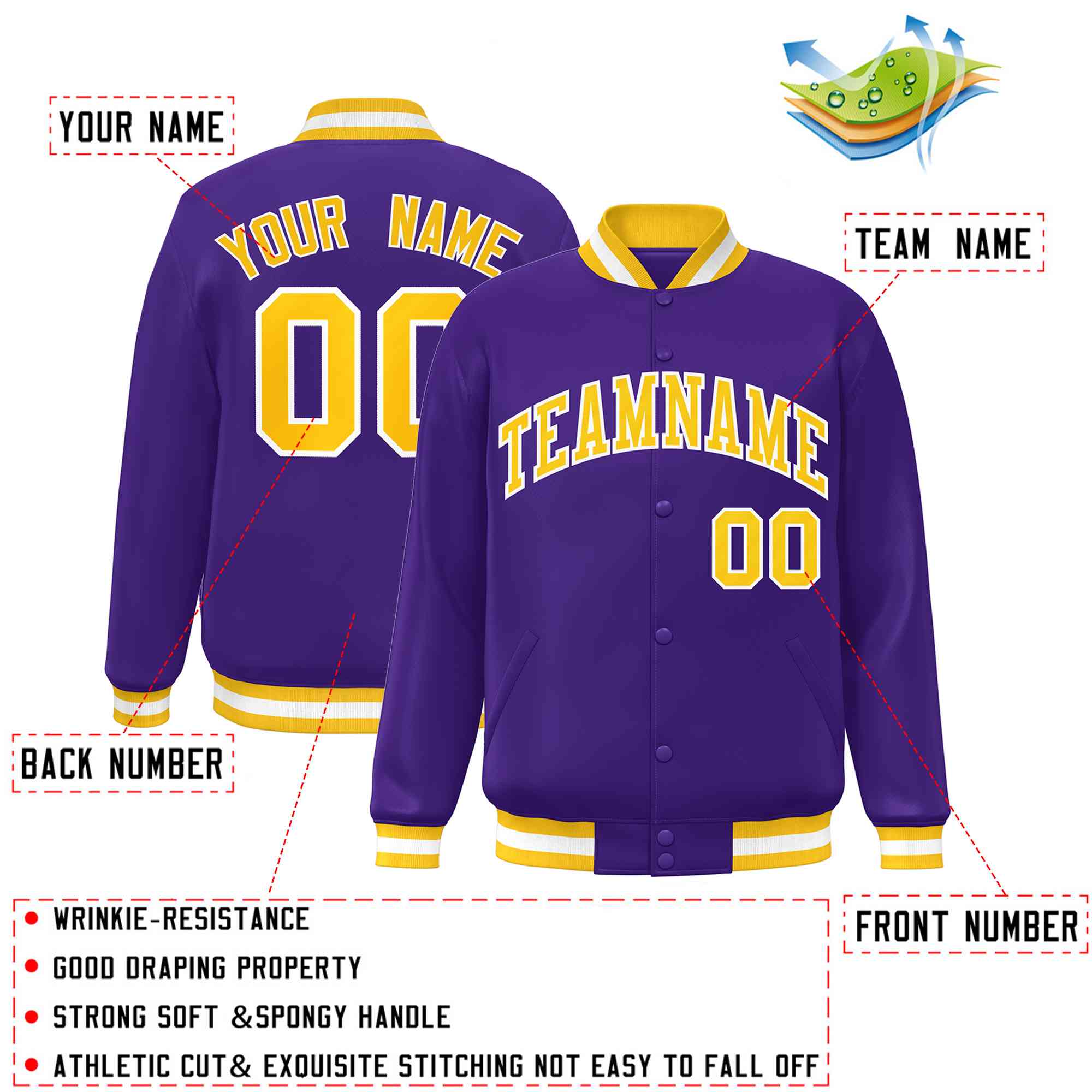 Custom Purple Gold-White Classic Style Varsity Full-Snap Letterman Jacket