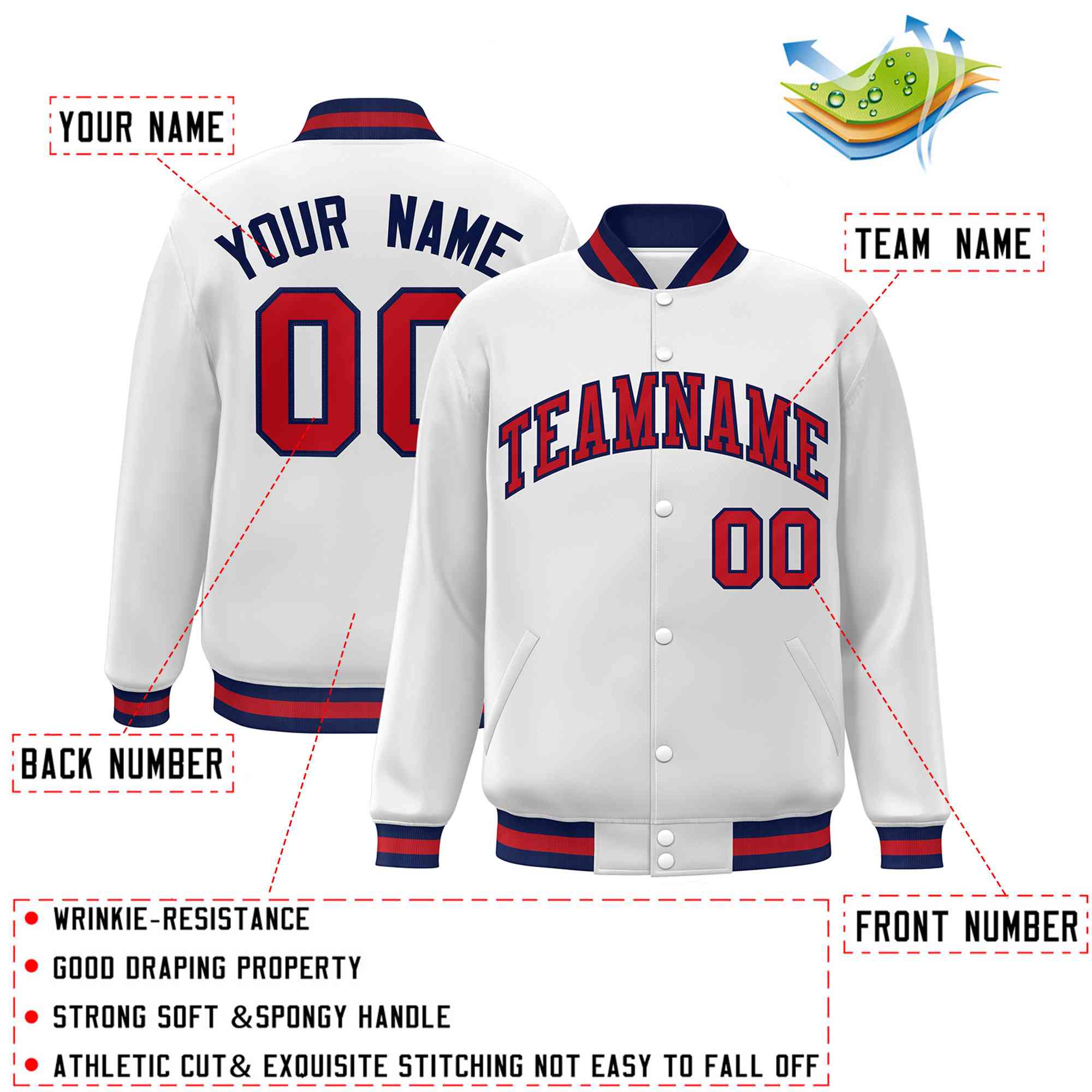 Custom White Red-Navy Classic Style Varsity Full-Snap Letterman Jacket