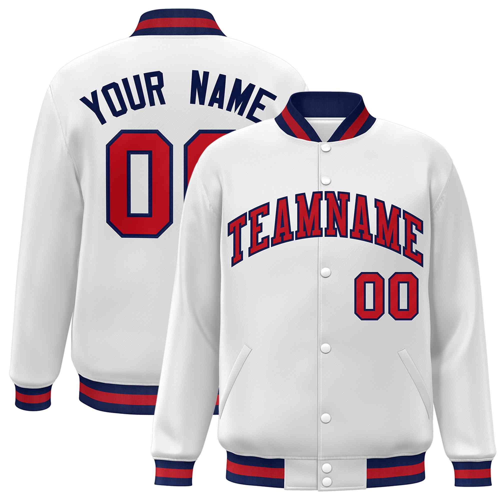 Custom White Red-Navy Classic Style Varsity Full-Snap Letterman Jacket