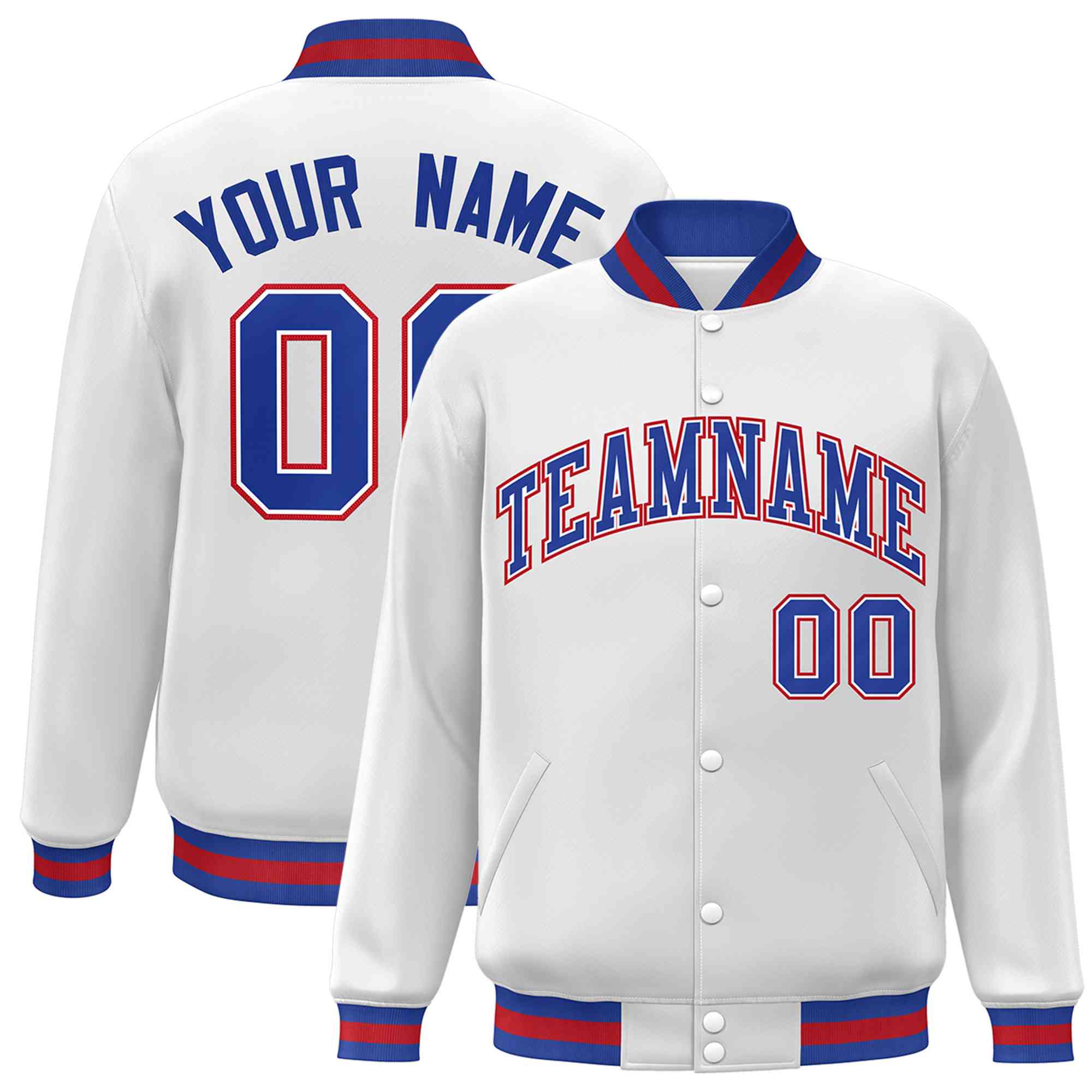 Custom White Royal-White Classic Style Varsity Full-Snap Letterman Jacket