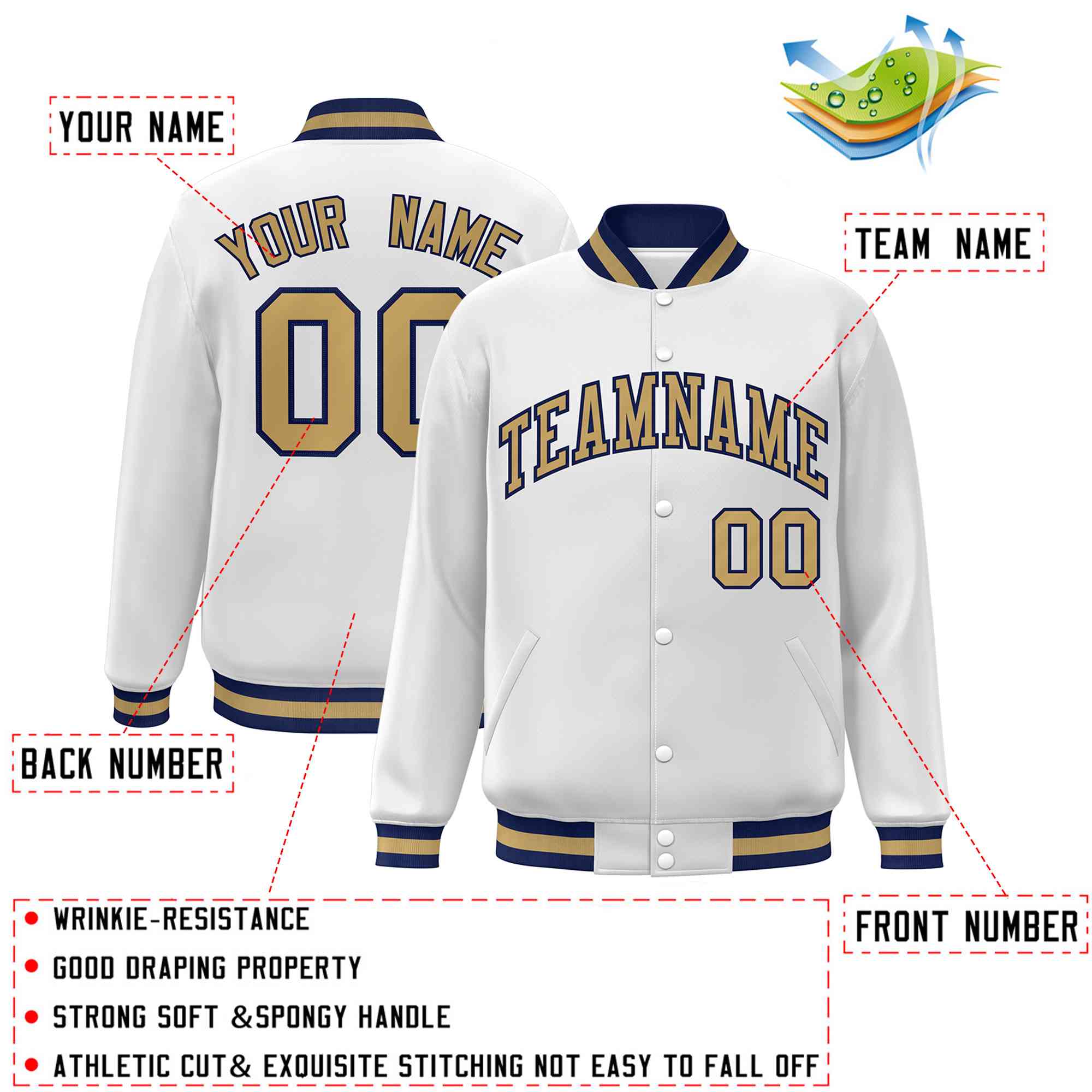 Custom White Old Gold-Navy Classic Style Varsity Full-Snap Letterman Jacket