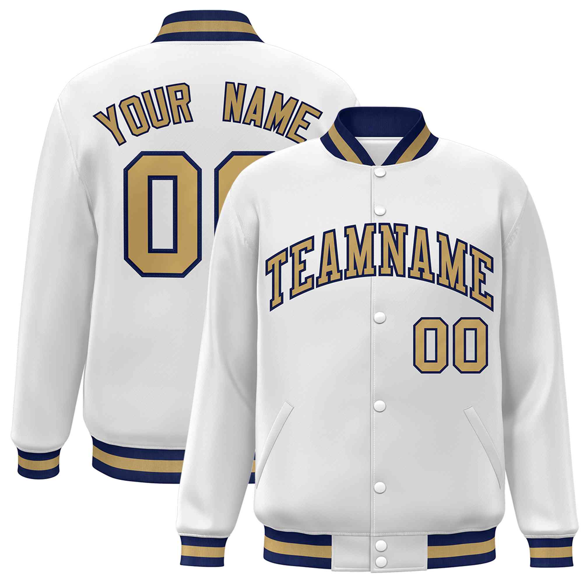 Custom White Old Gold-Navy Classic Style Varsity Full-Snap Letterman Jacket