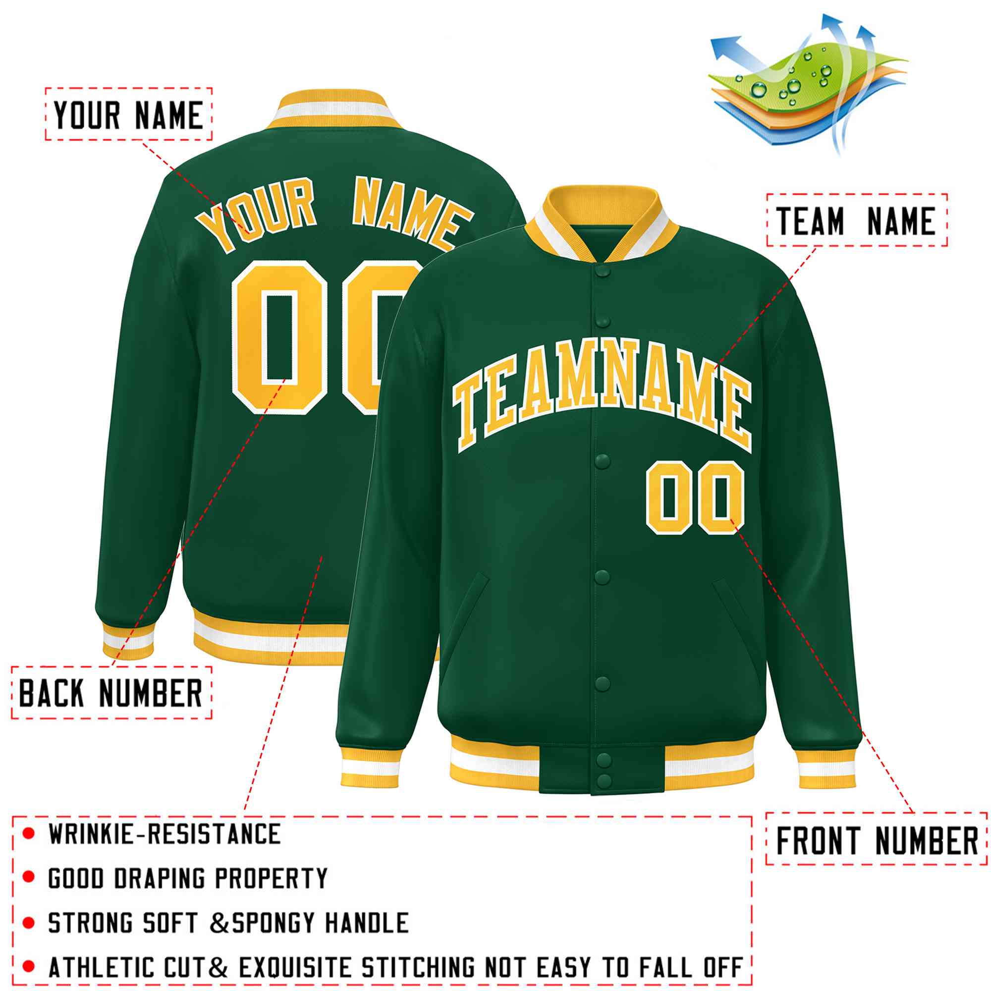 Custom Green Gold-White Classic Style Varsity Full-Snap Letterman Jacket