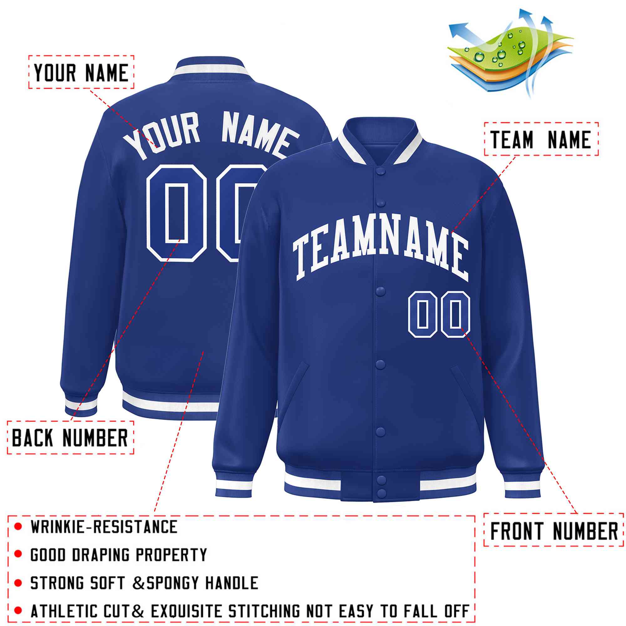 Custom Royal White Classic Style Varsity Full-Snap Letterman Jacket