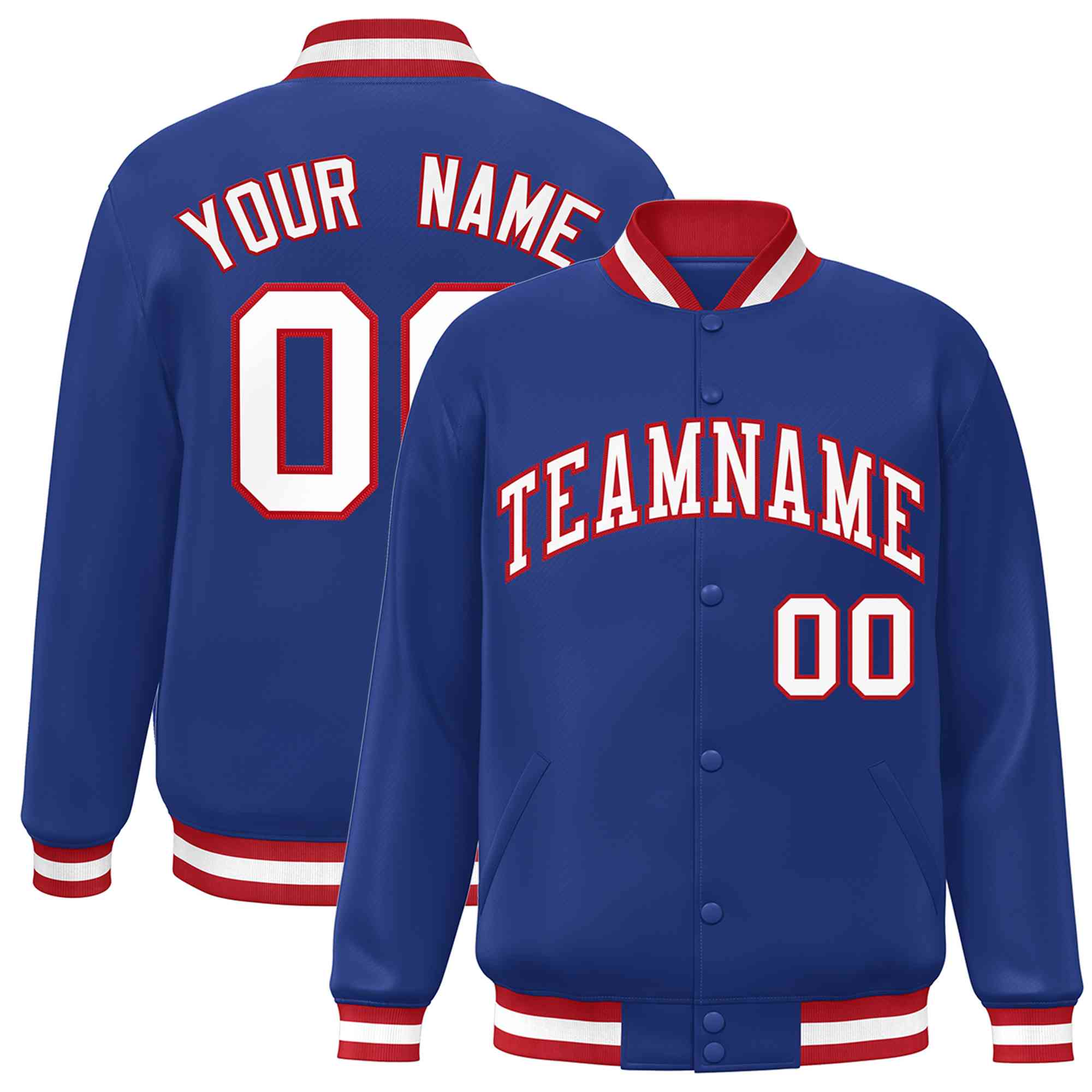 Custom Royal White-Red Classic Style Varsity Full-Snap Letterman Jacket