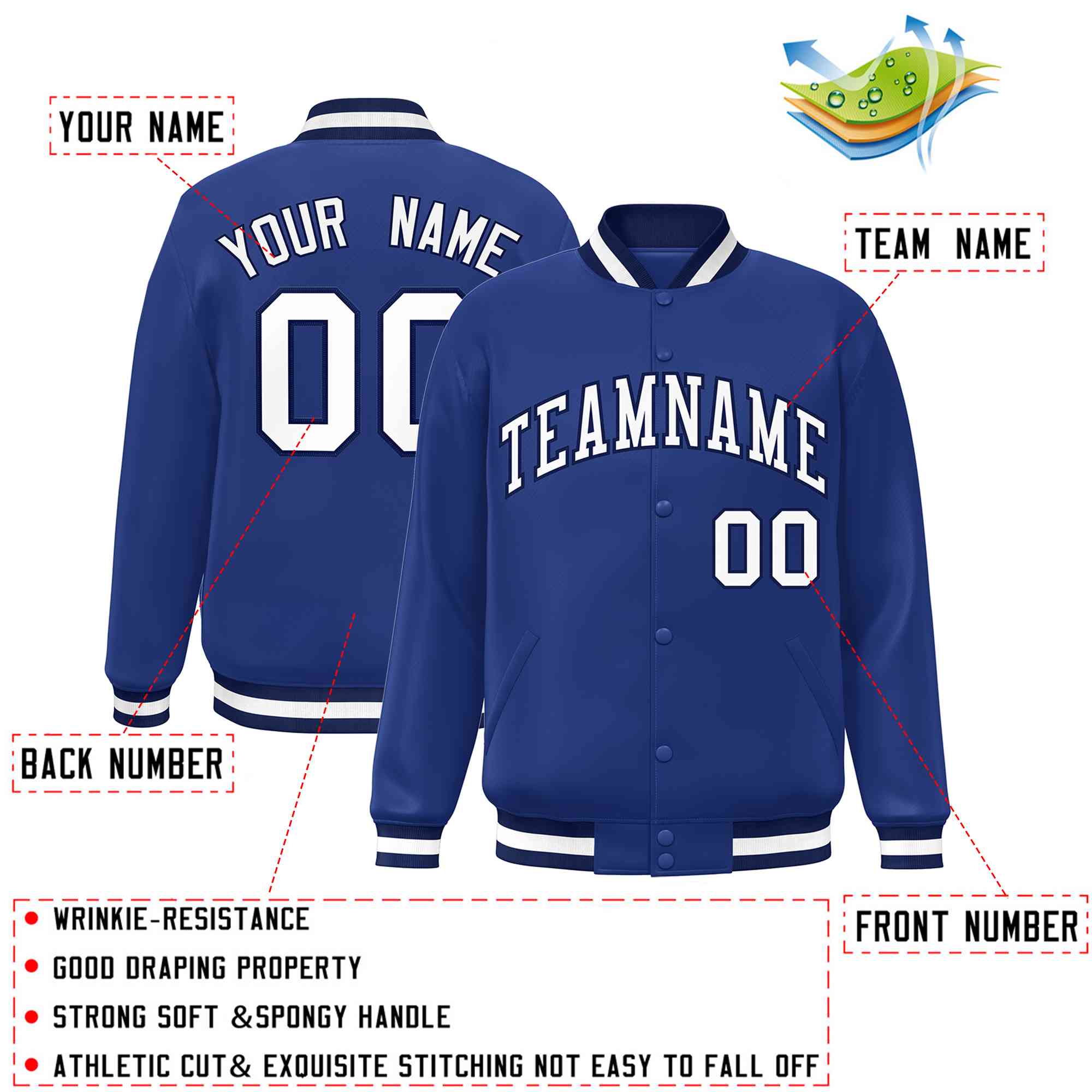 Custom Royal White-Navy Classic Style Varsity Full-Snap Letterman Jacket