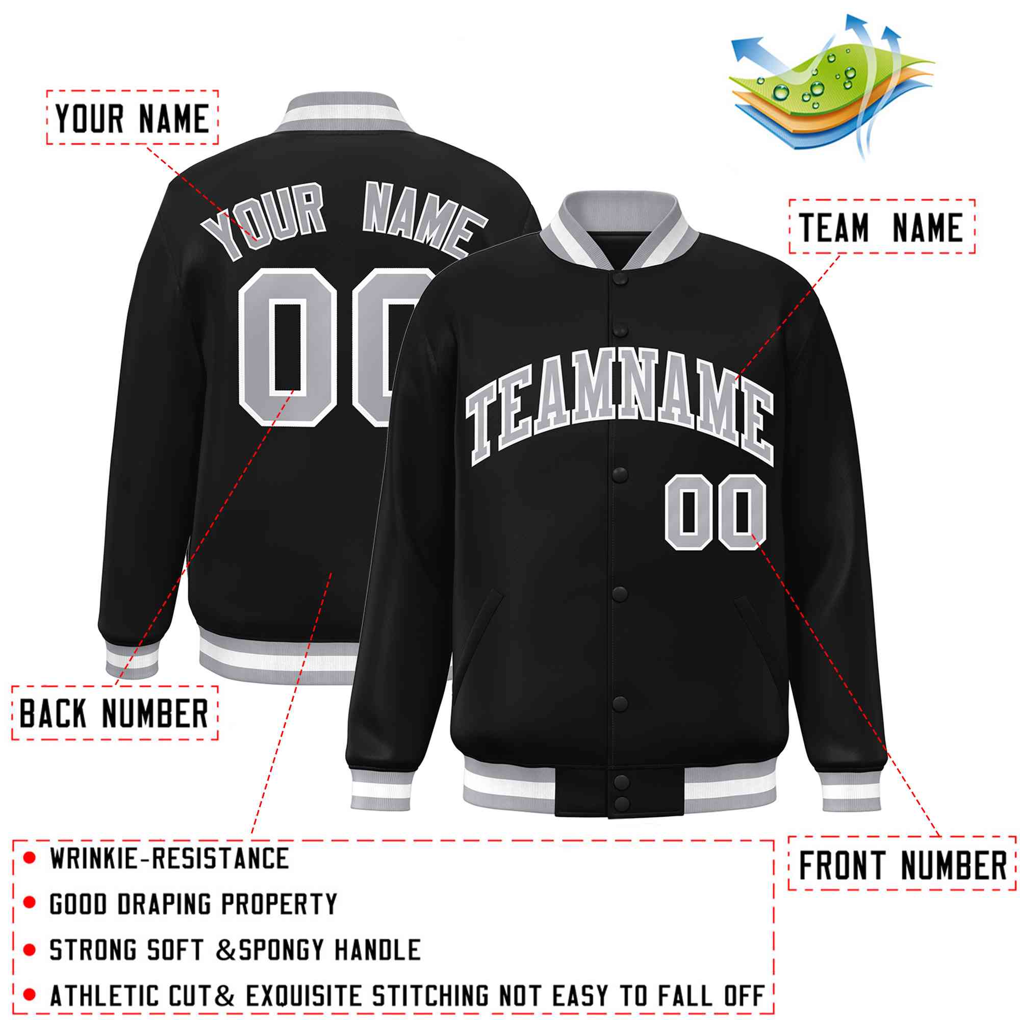 Custom Black Gray-White Classic Style Varsity Full-Snap Letterman Jacket