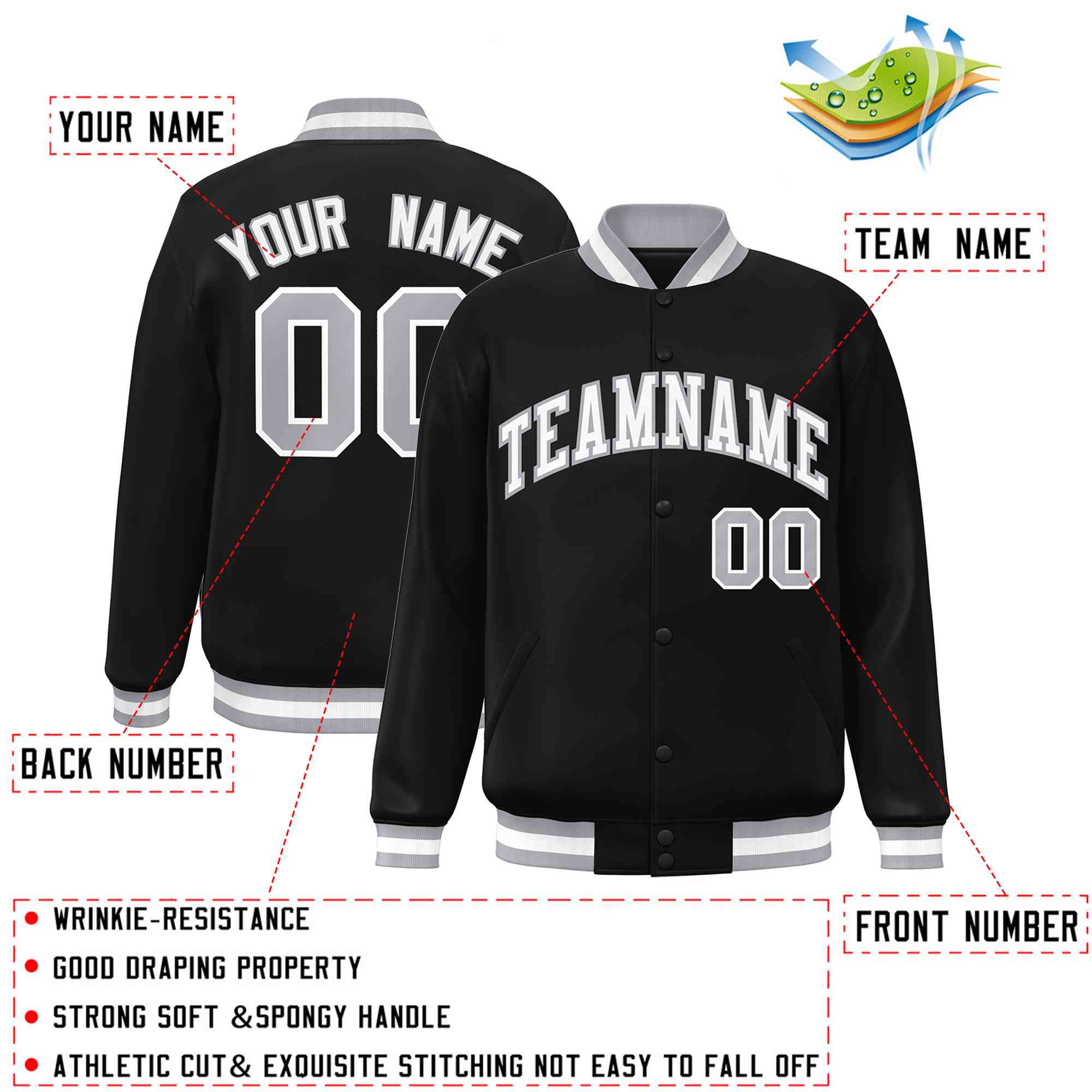 Custom Black White-Gray Classic Style Varsity Full-Snap Letterman Jacket