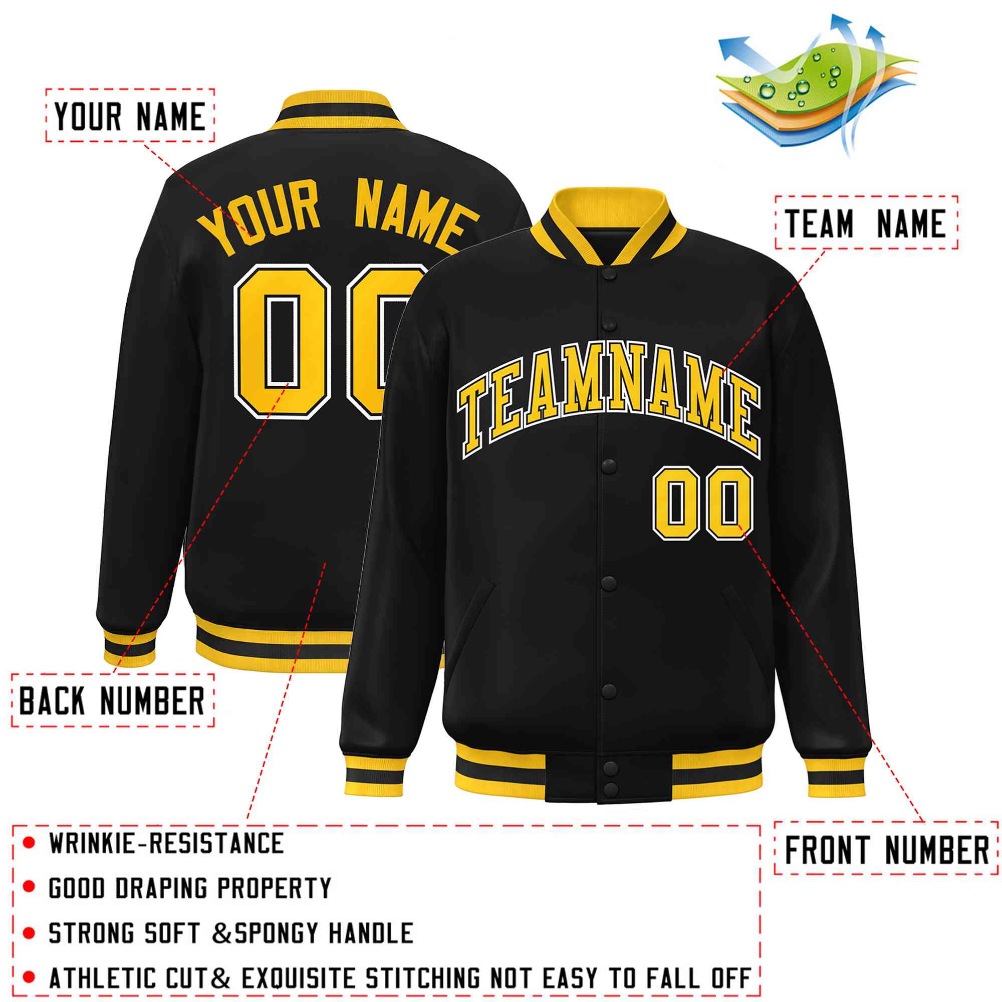 Custom Black Gold-Black Classic Style Varsity Full-Snap Letterman Jacket