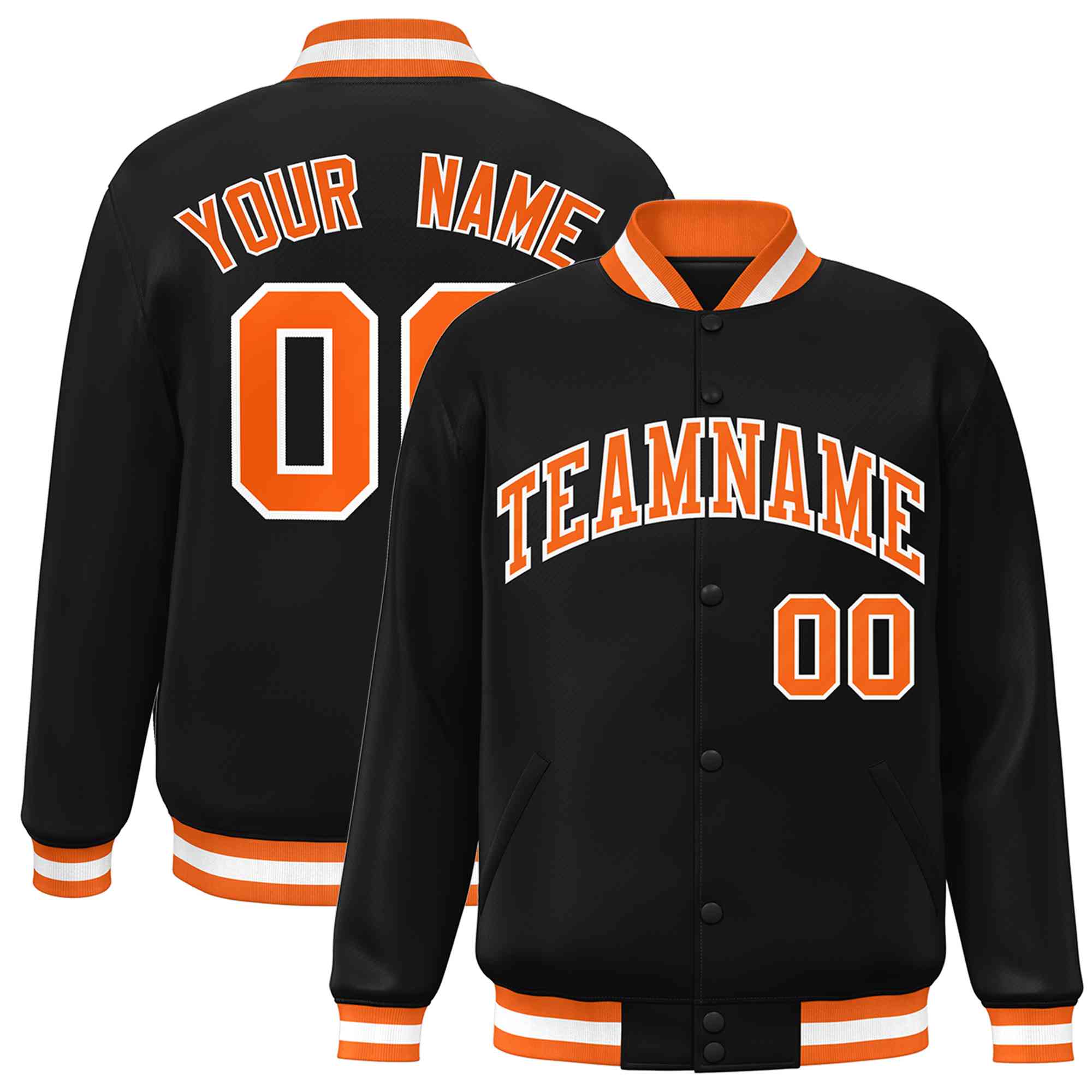 Custom Black Orange-White Classic Style Varsity Full-Snap Letterman Jacket