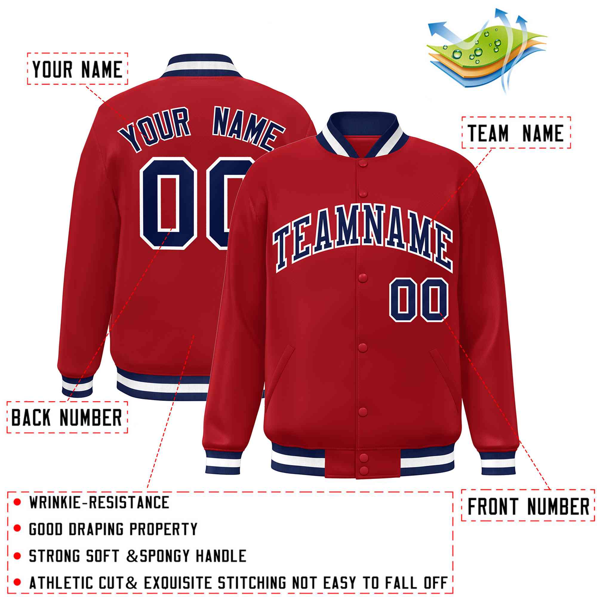 Custom Red Navy-White Classic Style Varsity Full-Snap Letterman Jacket