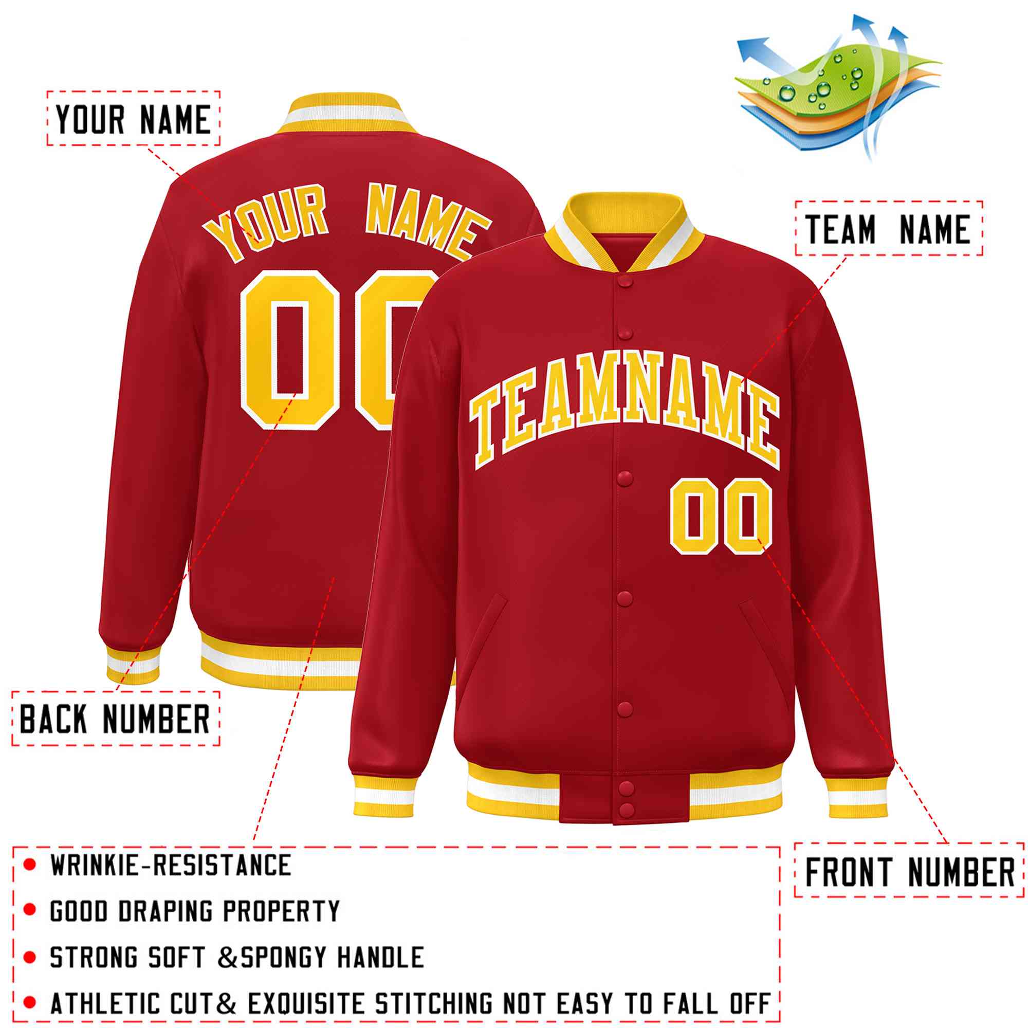 Custom Red Gold-White Classic Style Varsity Full-Snap Letterman Jacket