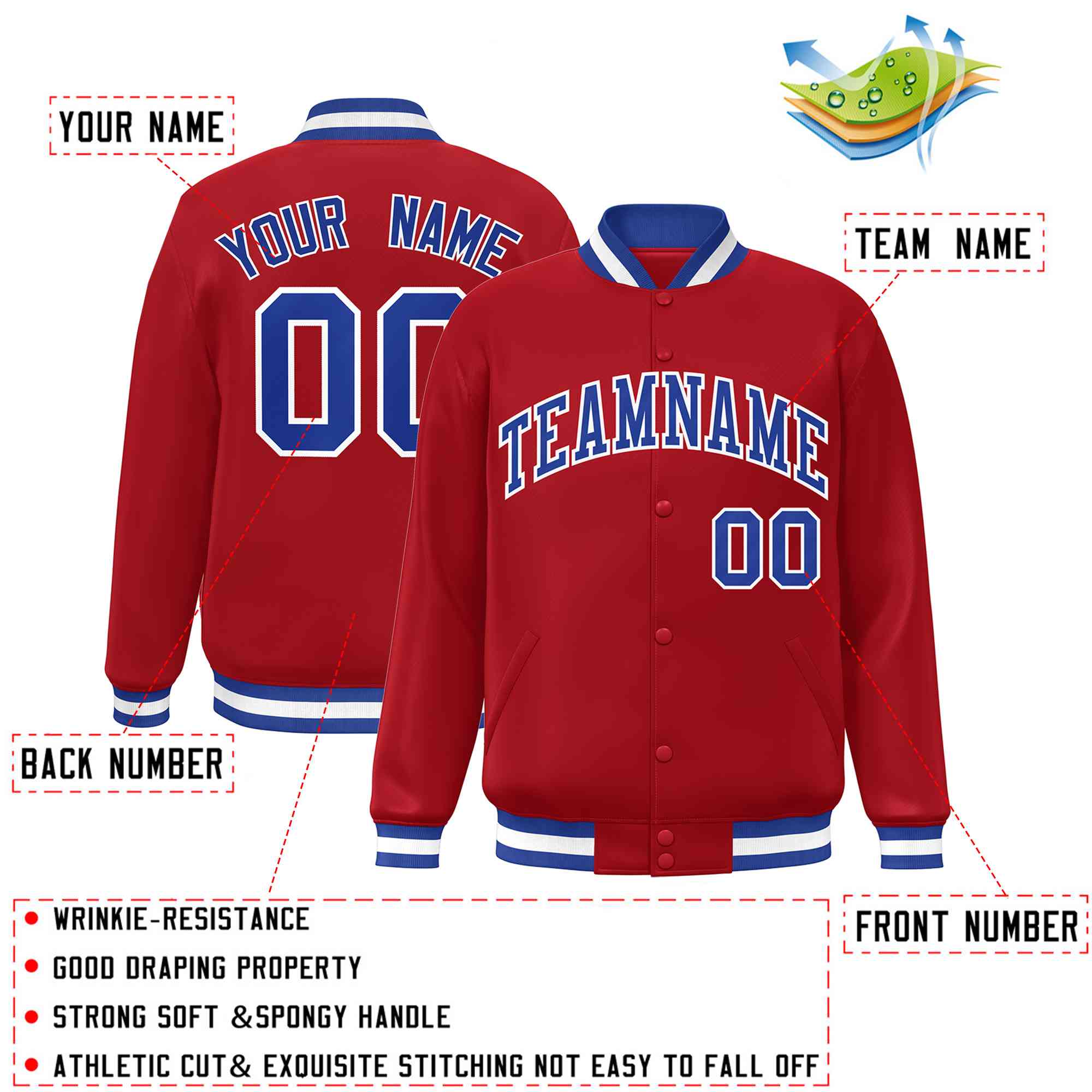 Custom Red Royal-White Classic Style Varsity Full-Snap Letterman Jacket