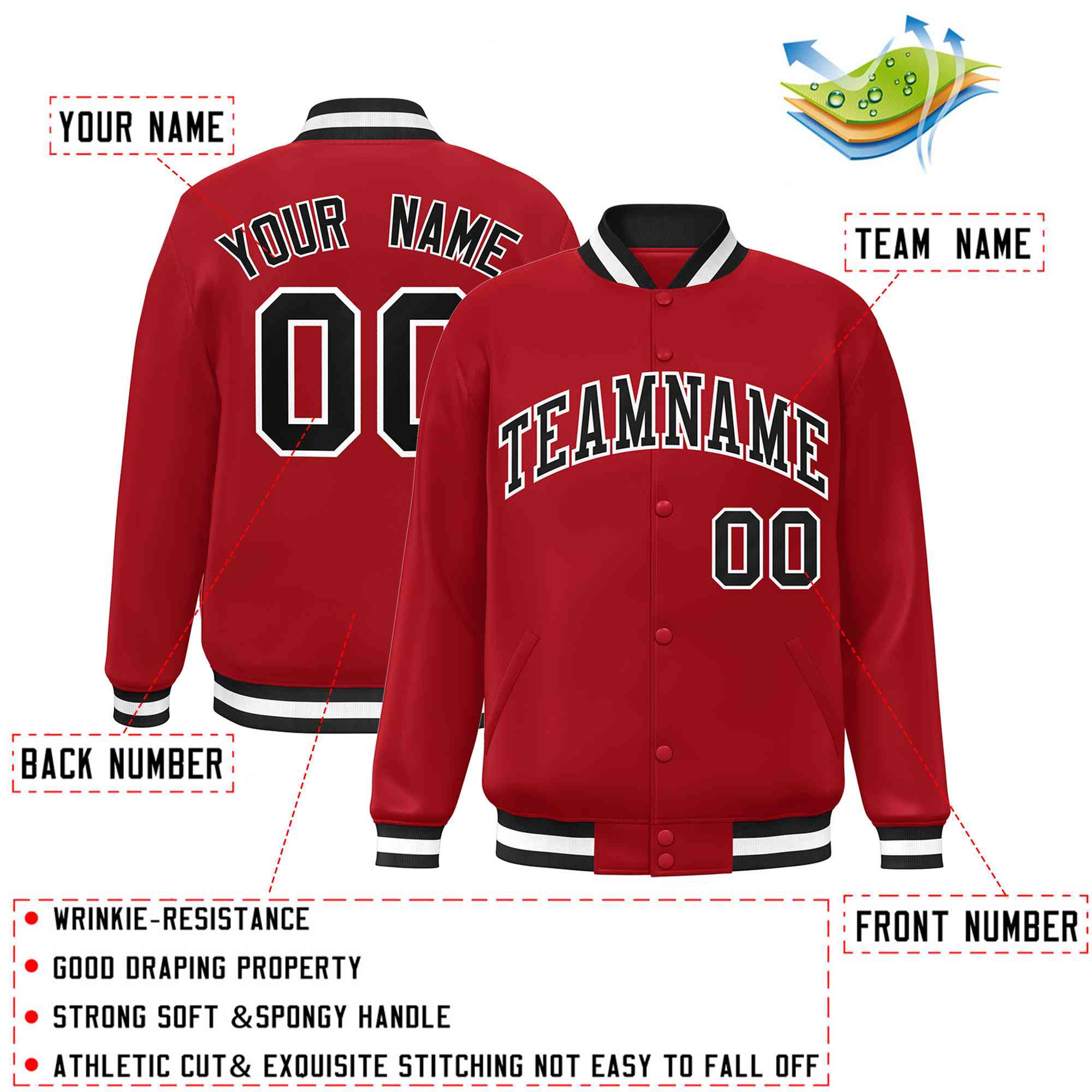 Custom Red Black-White Classic Style Varsity Full-Snap Letterman Jacket