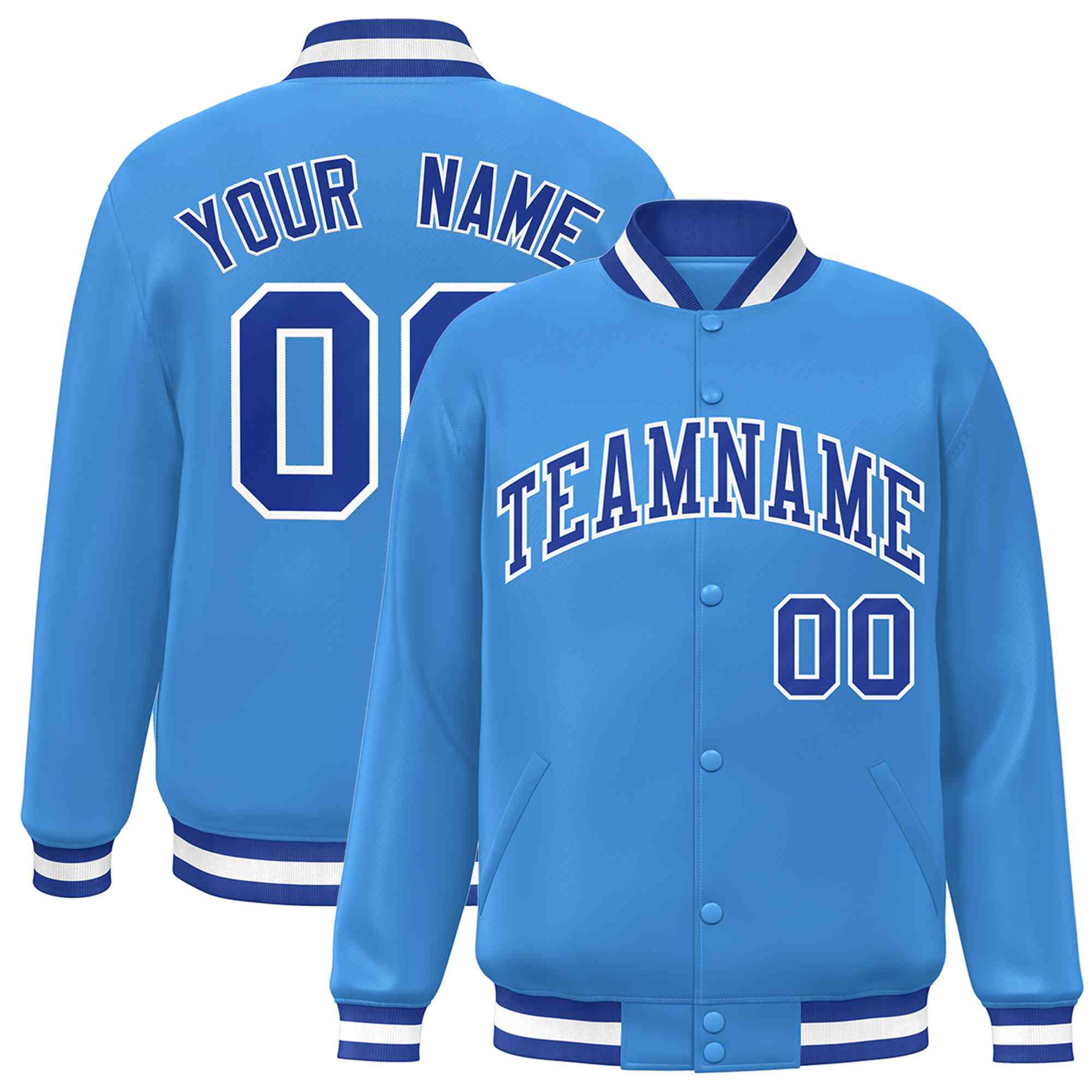 Custom Powder Blue Royal-White Classic Style Varsity Full-Snap Letterman Jacket