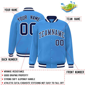 Custom Powder Blue Navy-White Classic Style Varsity Full-Snap Letterman Jacket