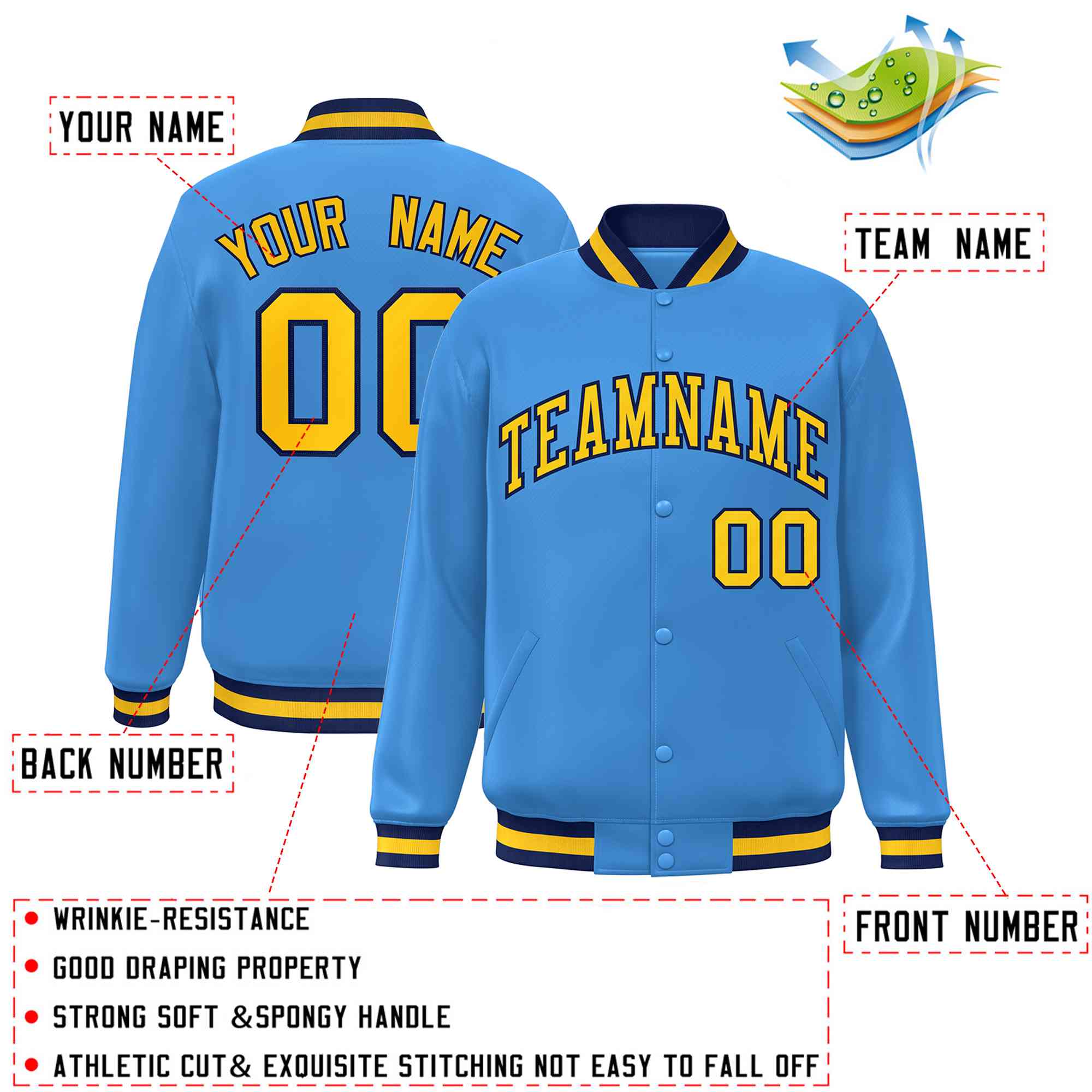 Custom Powder Blue Gold-Navy Classic Style Varsity Full-Snap Letterman Jacket