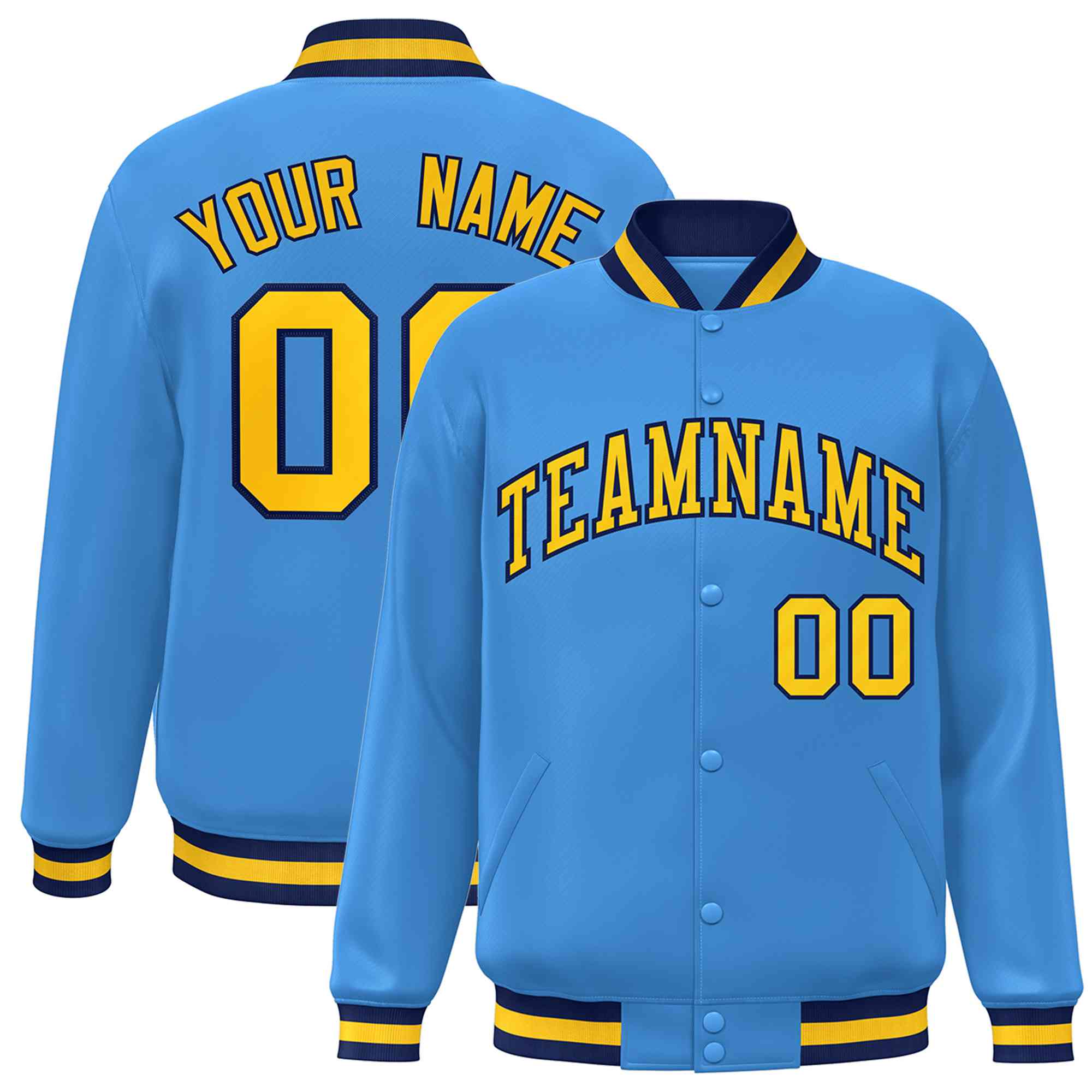 Custom Powder Blue Gold-Navy Classic Style Varsity Full-Snap Letterman Jacket