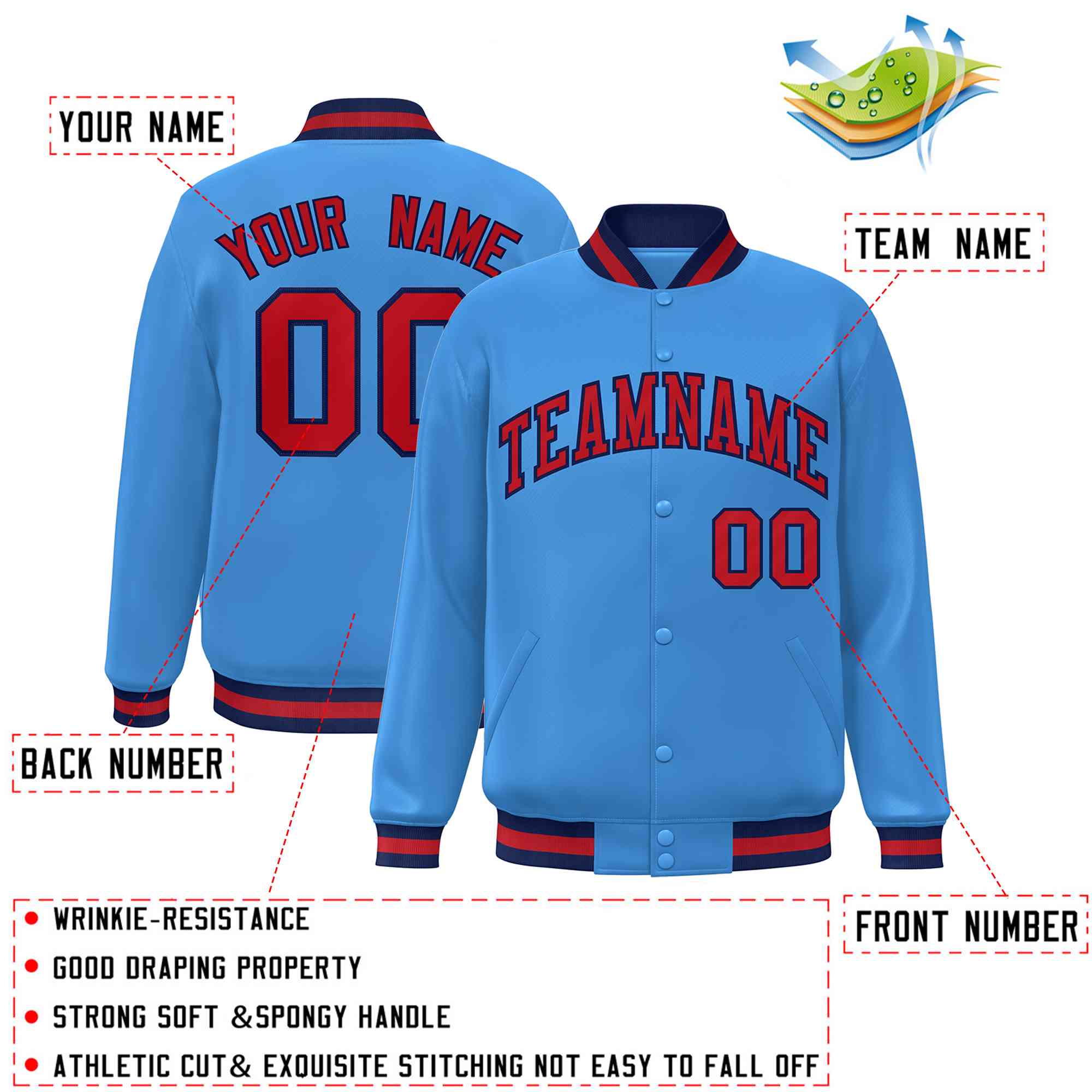 Custom Powder Blue Red-Navy Classic Style Varsity Full-Snap Letterman Jacket