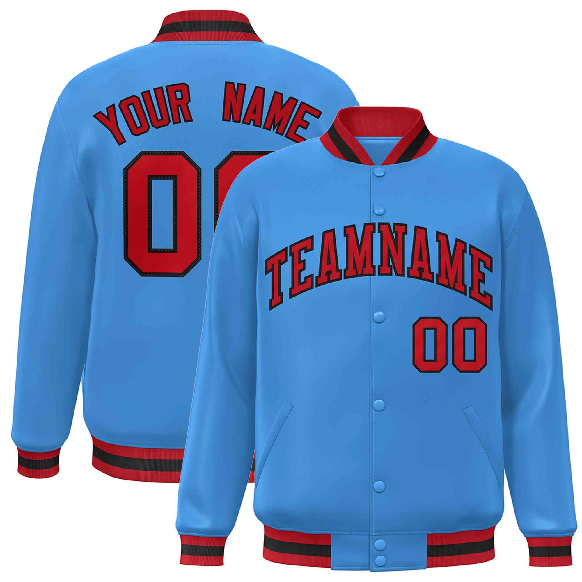 Custom Powder Blue Red-Black Classic Style Varsity Full-Snap Letterman Jacket