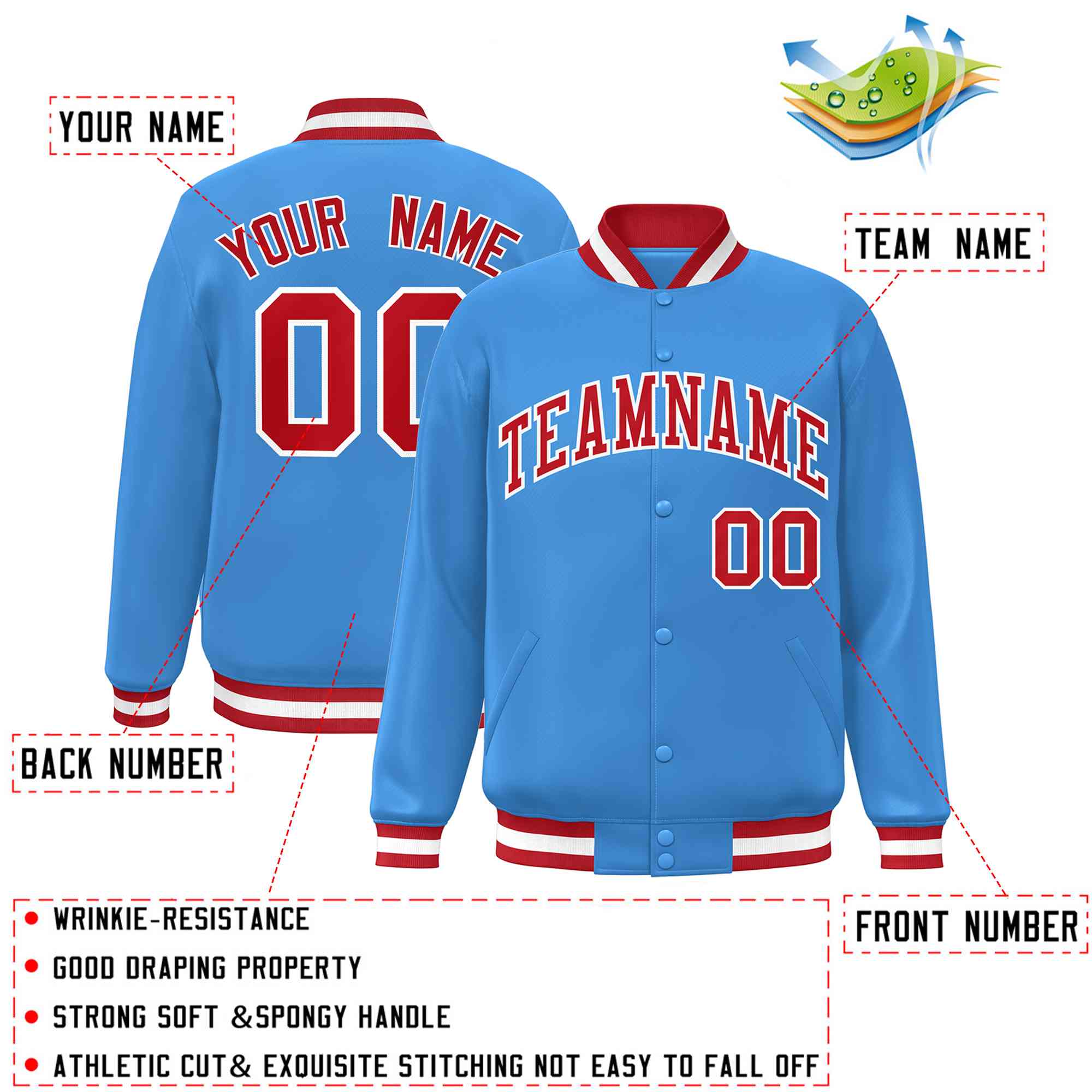 Custom Powder Blue Red-White Classic Style Varsity Full-Snap Letterman Jacket