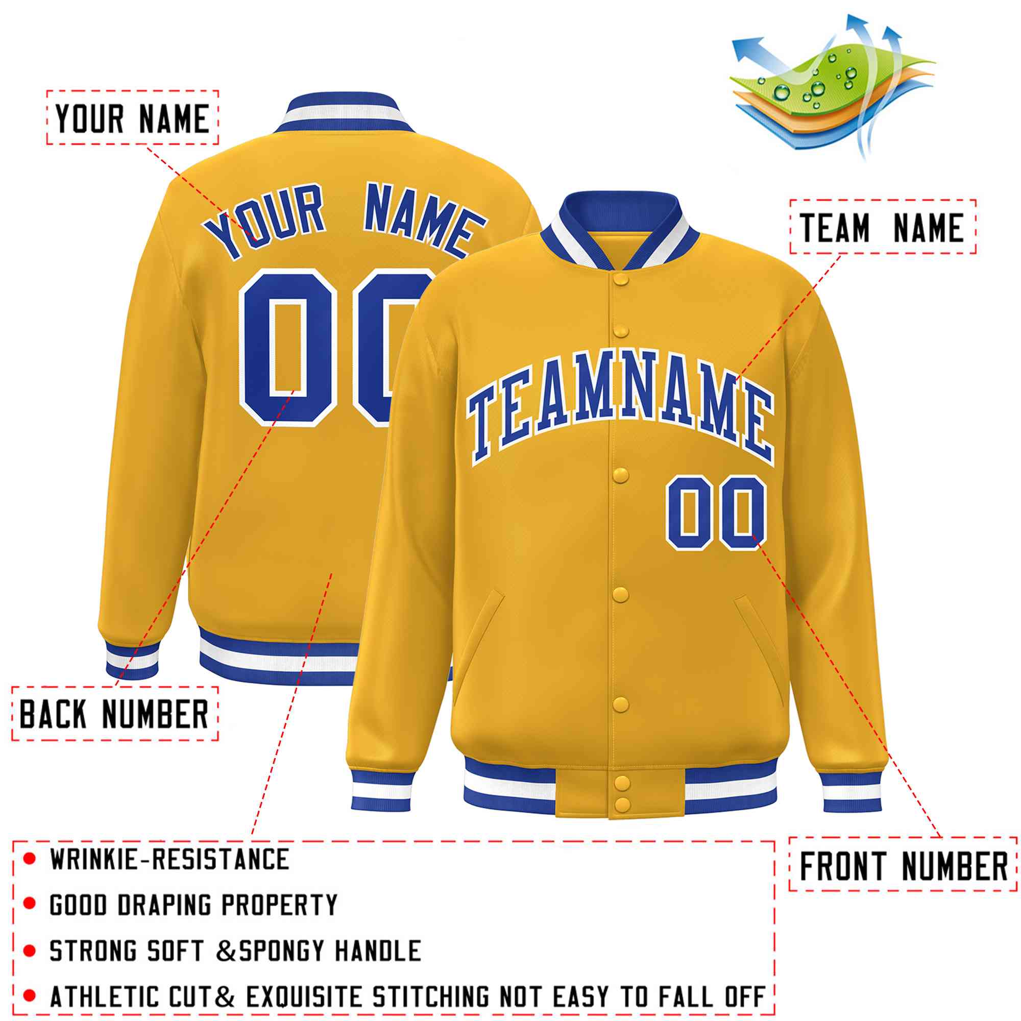 Custom Gold Royal-White Classic Style Varsity Full-Snap Letterman Jacket