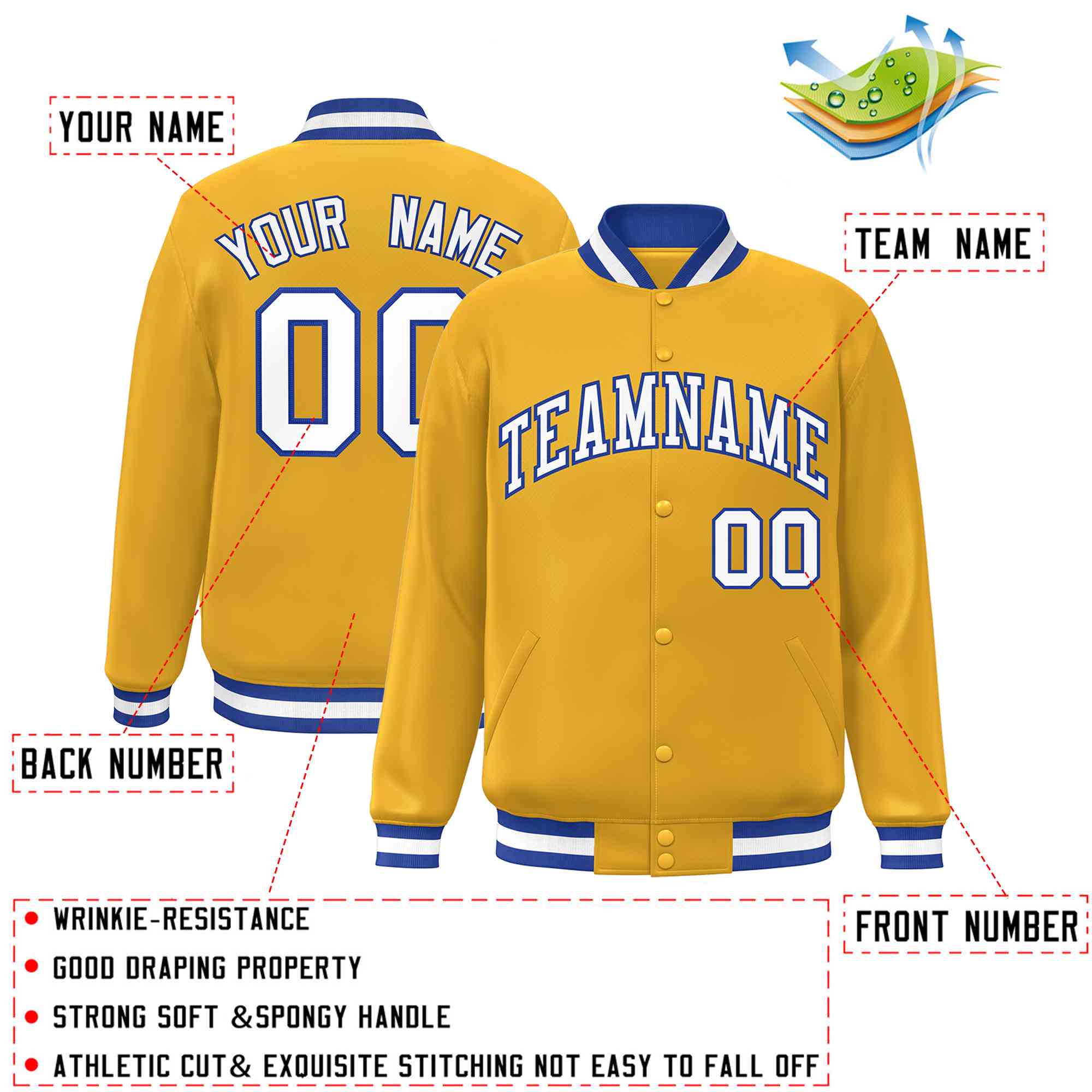 Custom Gold White-Royal Classic Style Varsity Full-Snap Letterman Jacket