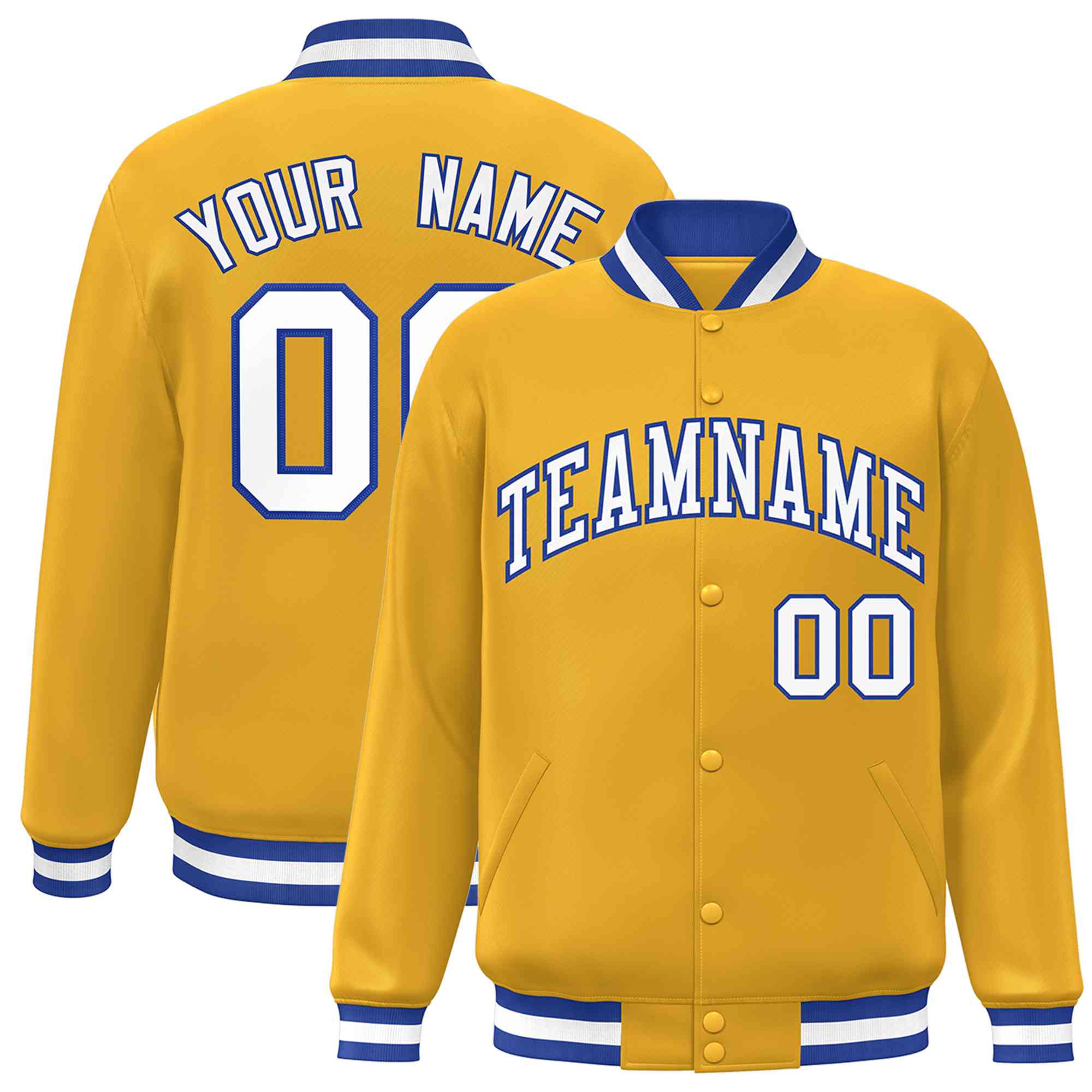 Custom Gold White-Royal Classic Style Varsity Full-Snap Letterman Jacket