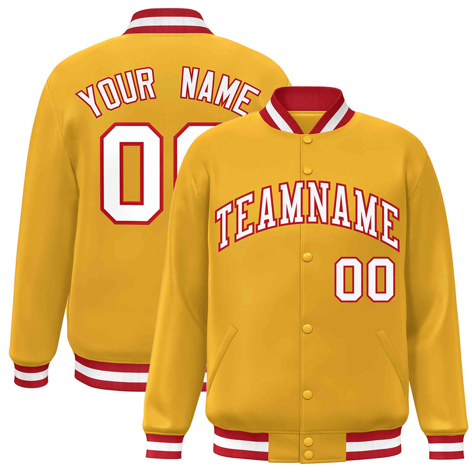 Custom Gold White-Red Classic Style Varsity Full-Snap Letterman Jacket