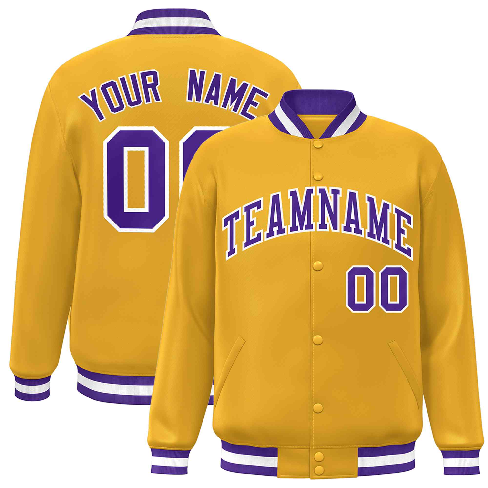 Custom Gold Purple-White Classic Style Varsity Full-Snap Letterman Jacket