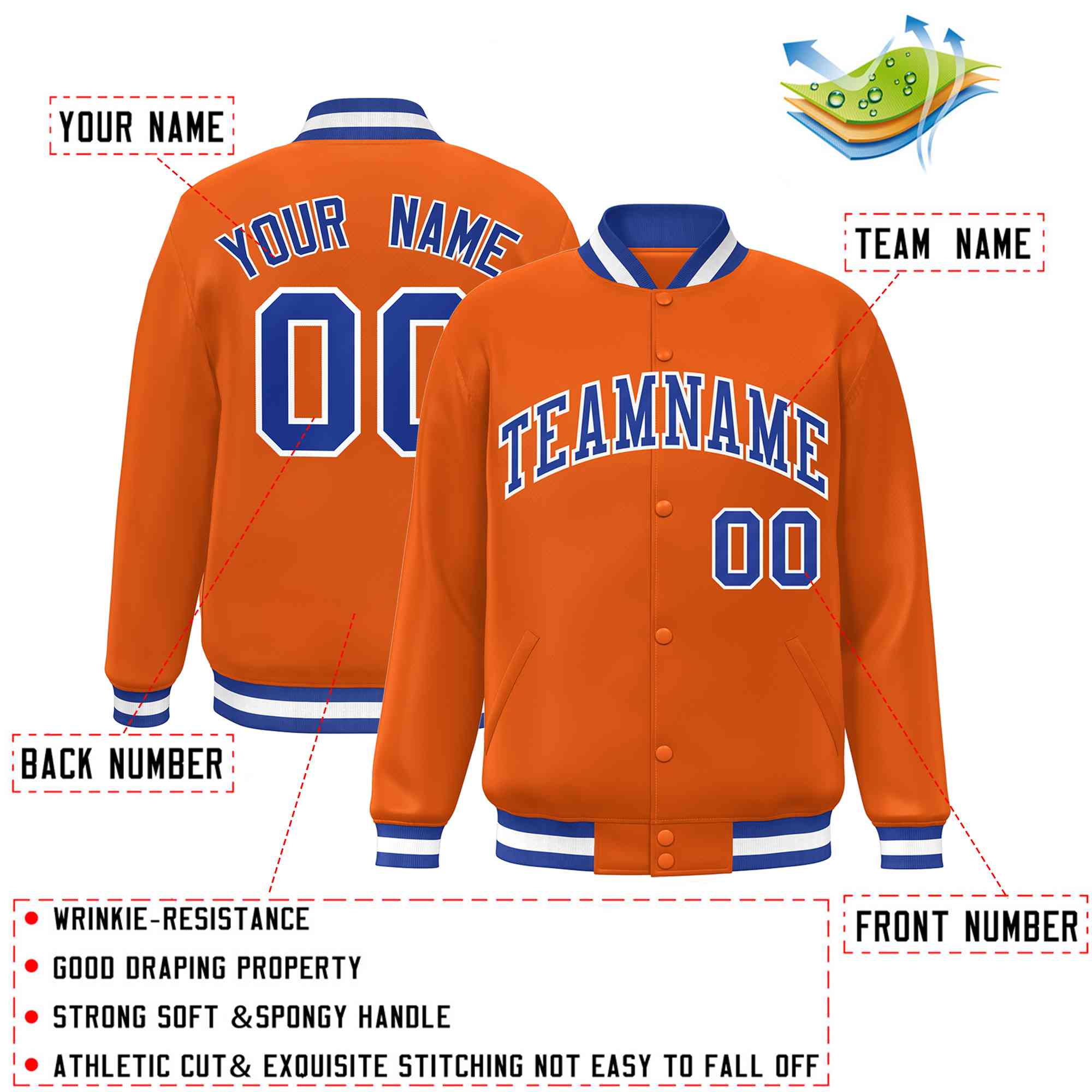 Custom Orange Royal-White Classic Style Varsity Full-Snap Letterman Jacket