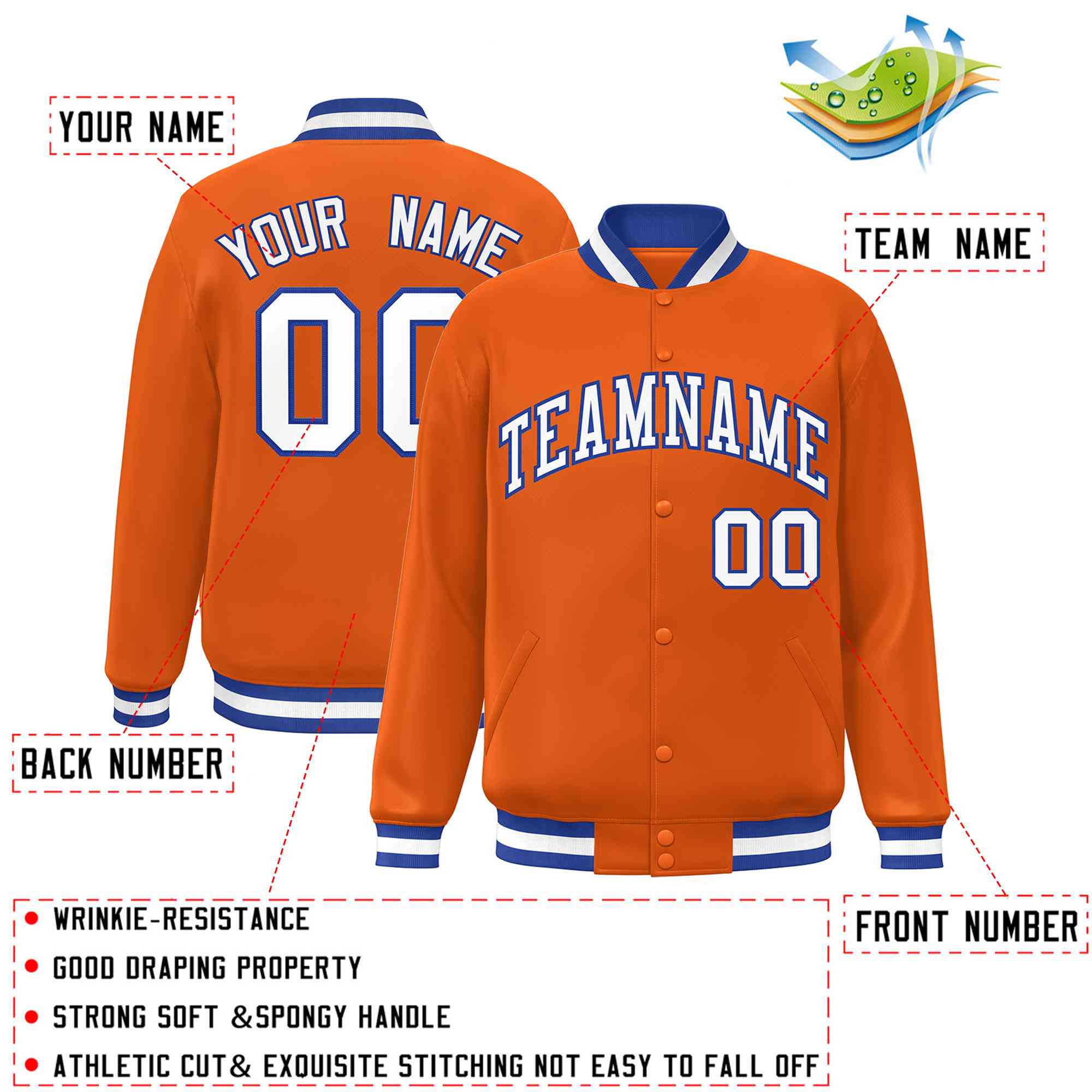 Custom Orange White-Royal Classic Style Varsity Full-Snap Letterman Jacket