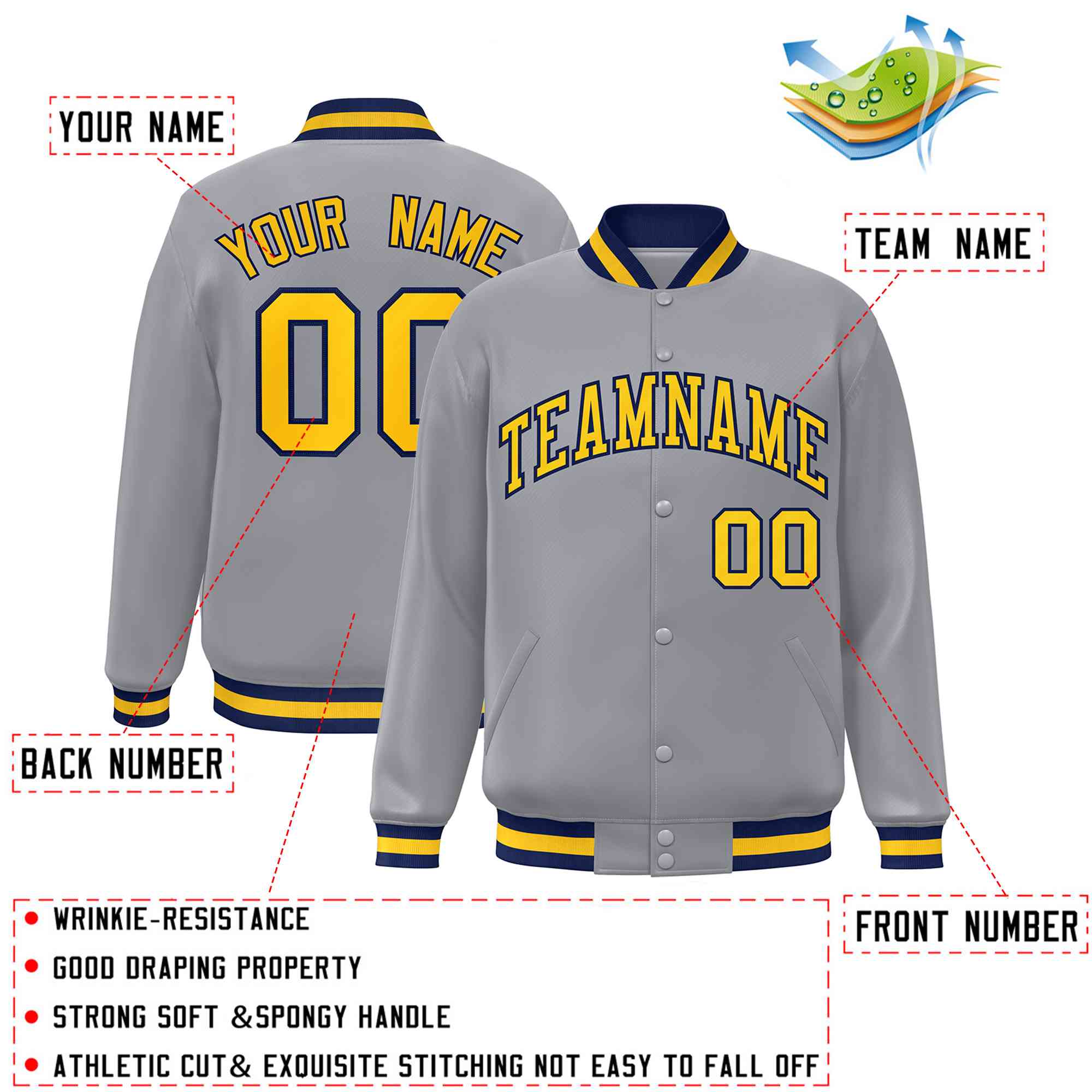 Custom Gray Gold-Navy Classic Style Varsity Full-Snap Letterman Jacket