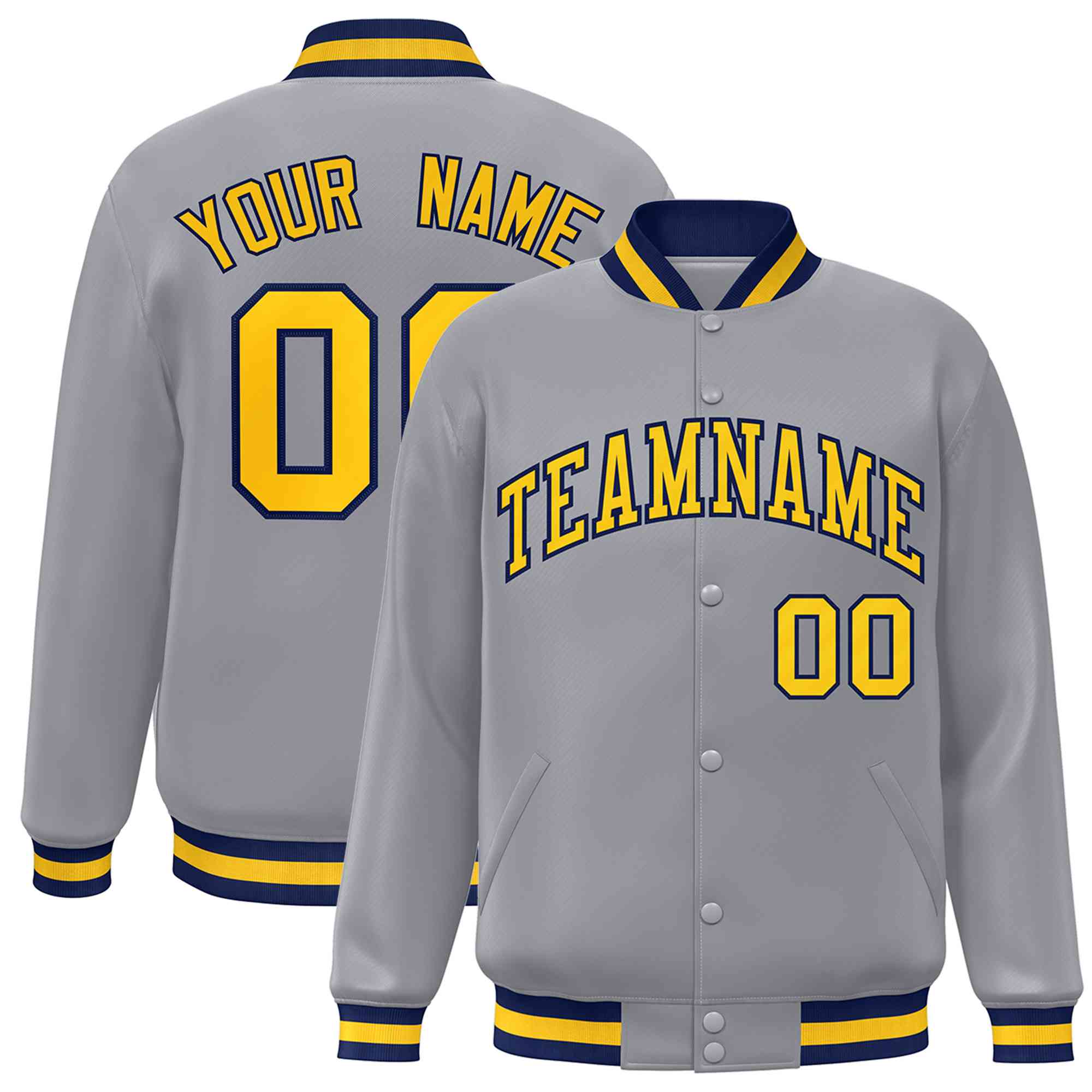 Custom Gray Gold-Navy Classic Style Varsity Full-Snap Letterman Jacket