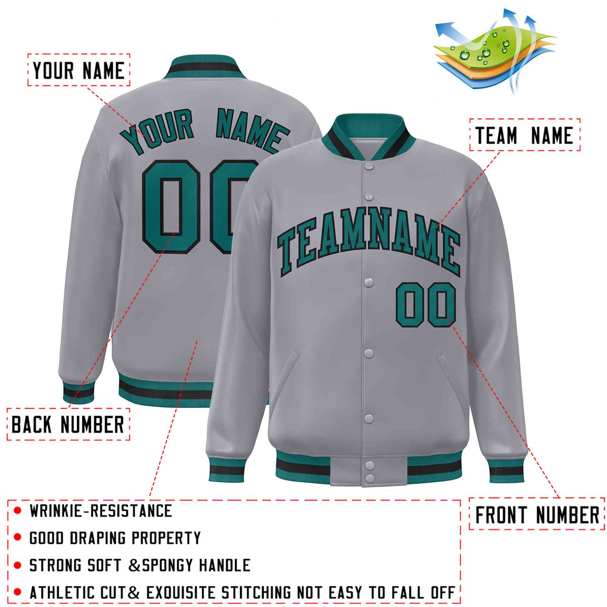 Custom Gray Aqua-Black Classic Style Varsity Full-Snap Letterman Jacket