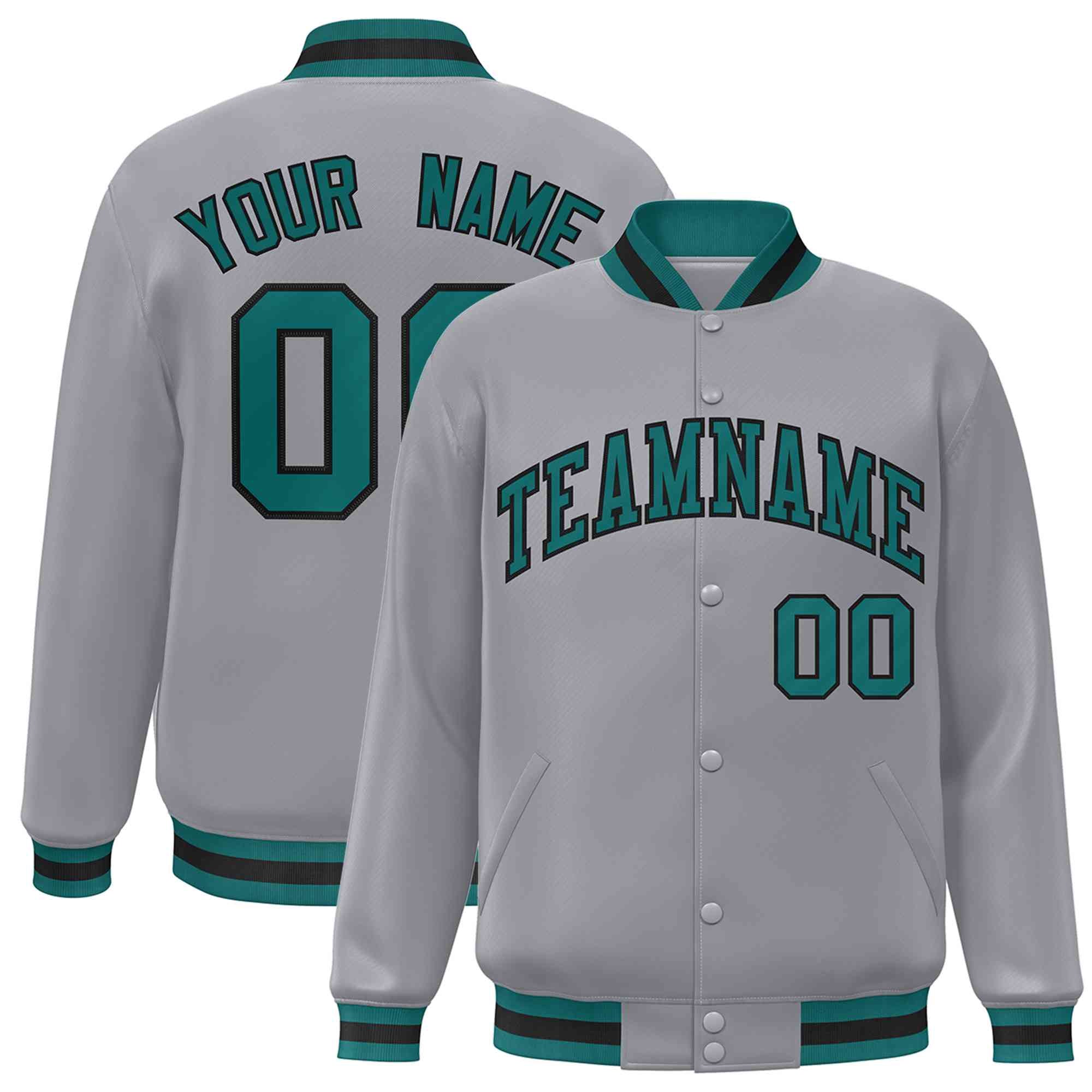 Custom Gray Aqua-Black Classic Style Varsity Full-Snap Letterman Jacket