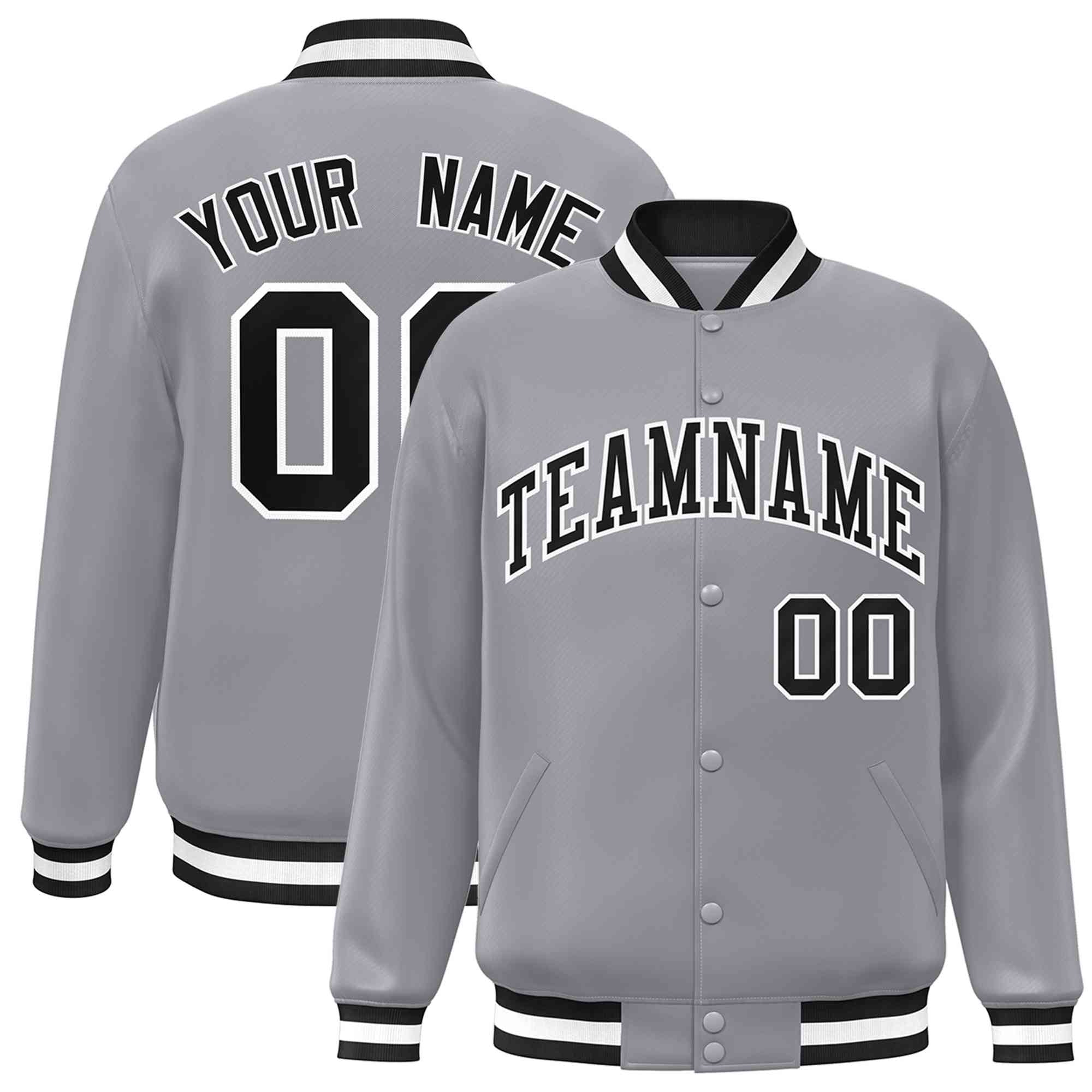 Custom Gray Black-White Classic Style Varsity Full-Snap Letterman Jacket