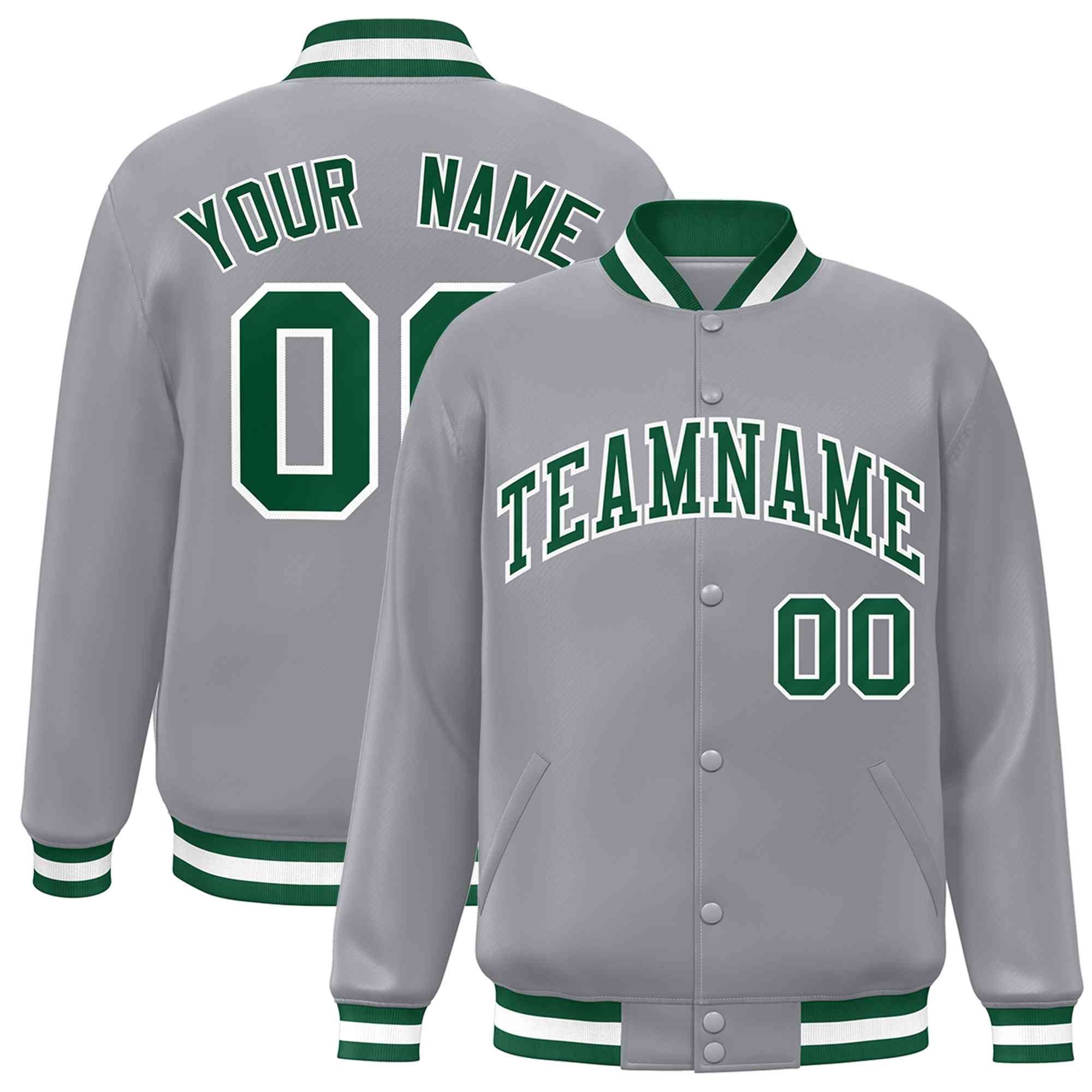 Custom Gray Green-White Classic Style Varsity Full-Snap Letterman Jacket