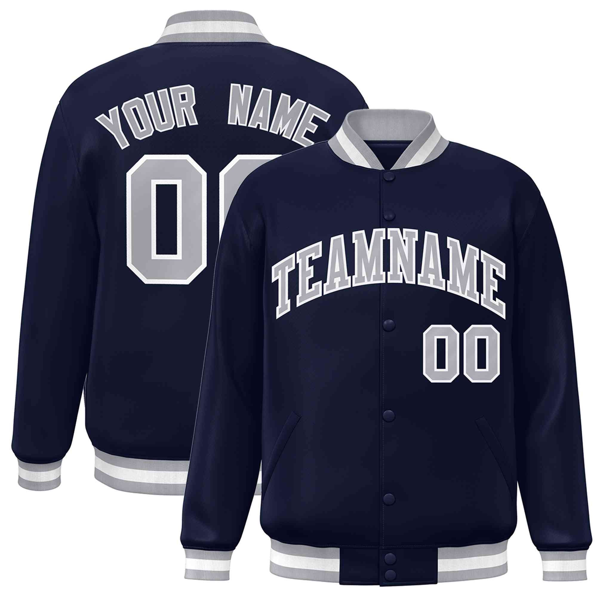 Custom Navy Gray-White Classic Style Varsity Full-Snap Letterman Jacket