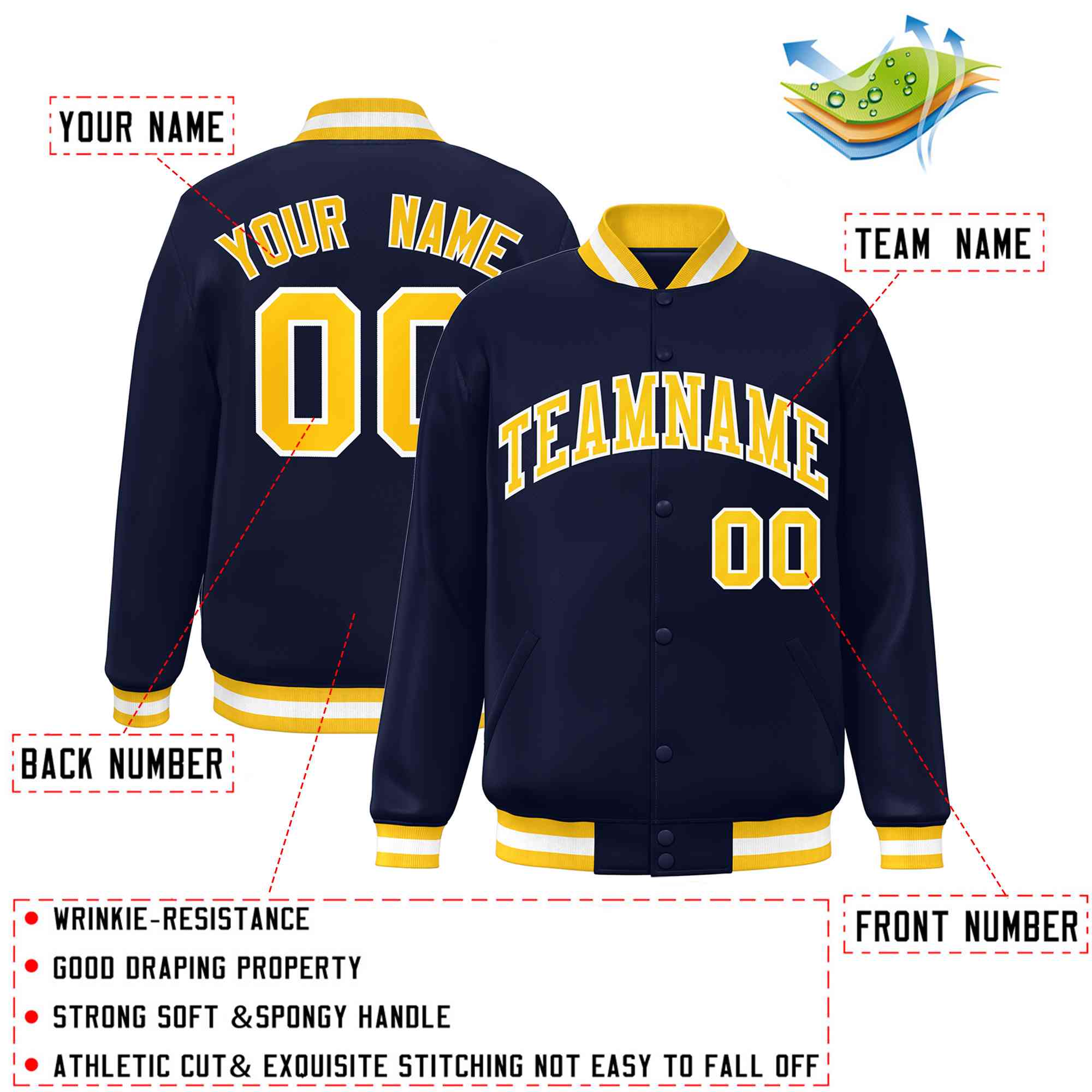 Custom Navy Gold-White Classic Style Varsity Full-Snap Letterman Jacket