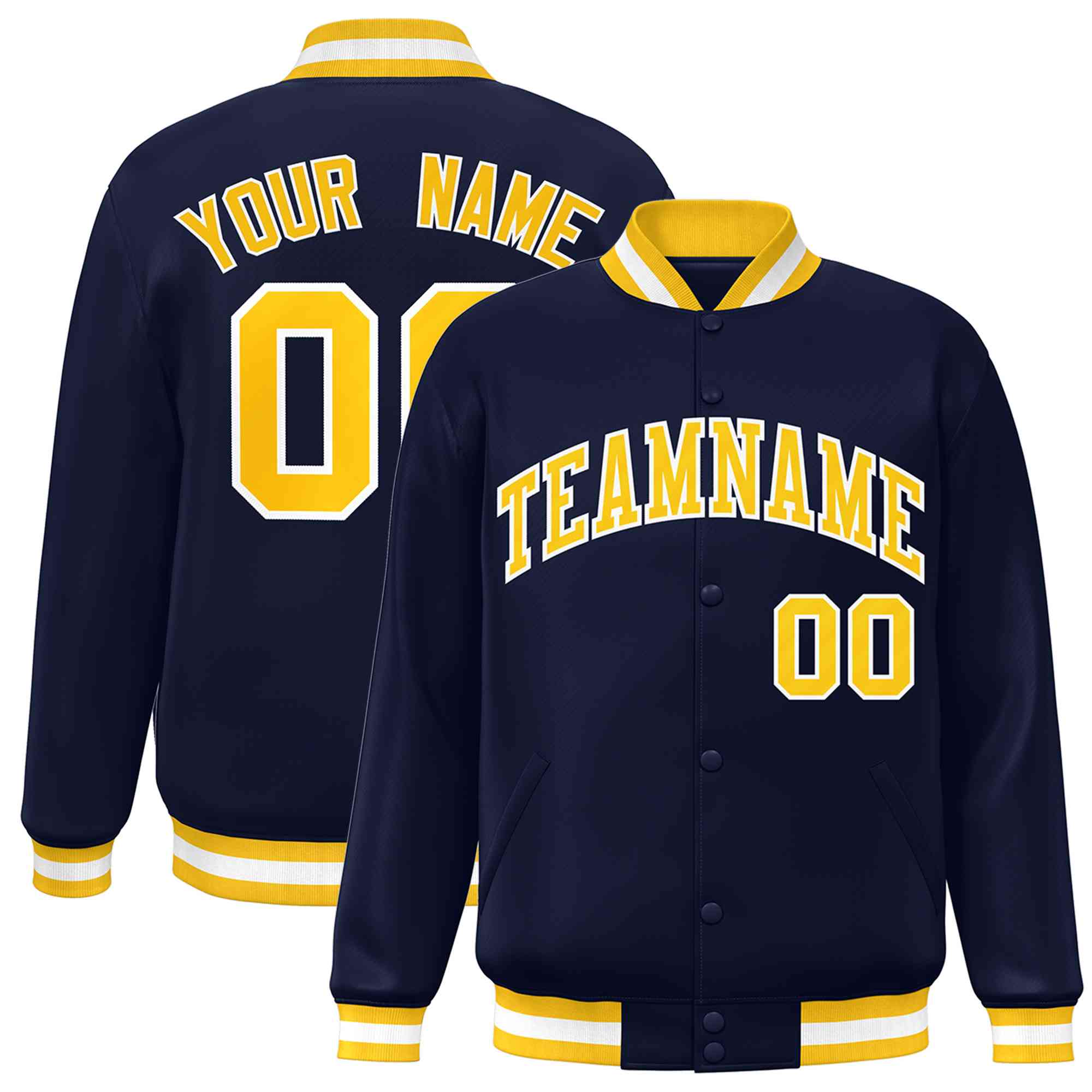 Custom Navy Gold-White Classic Style Varsity Full-Snap Letterman Jacket