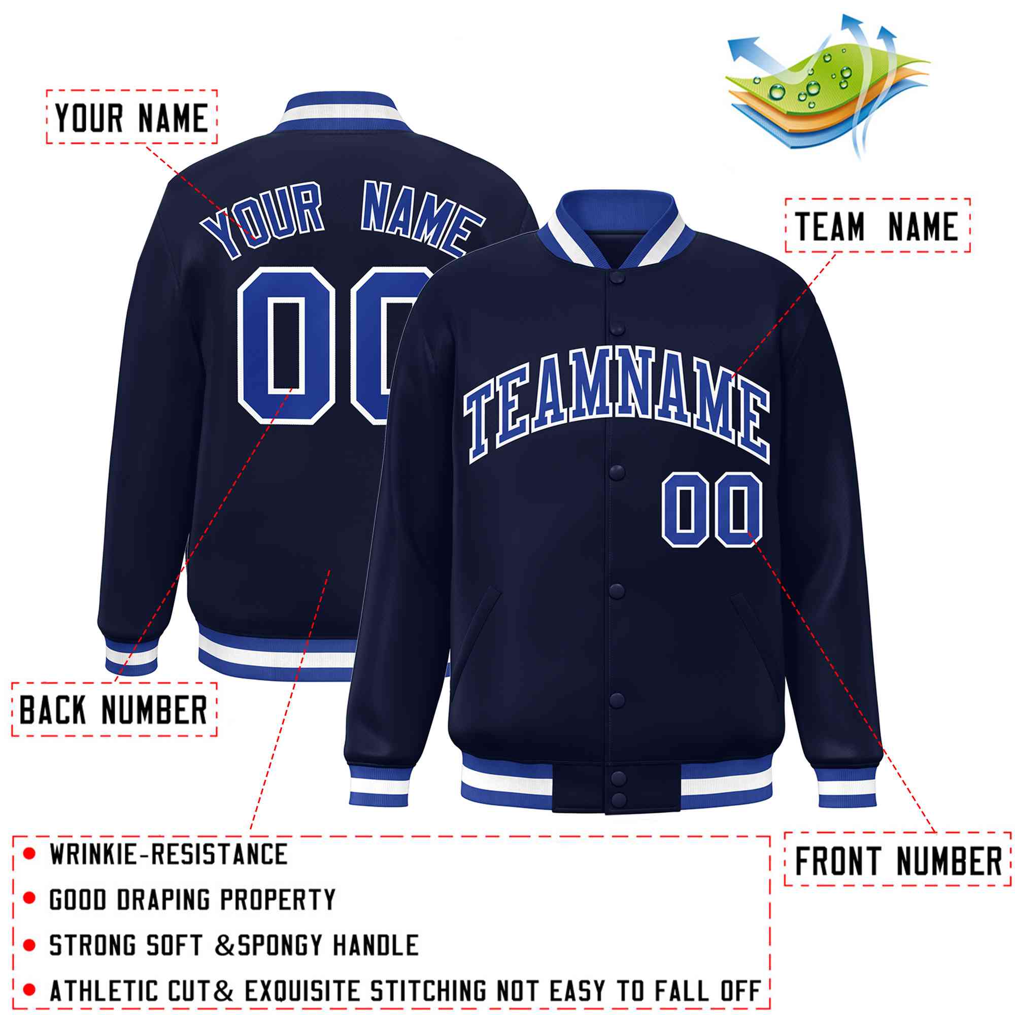 Custom Navy Royal-White Classic Style Varsity Full-Snap Letterman Jacket