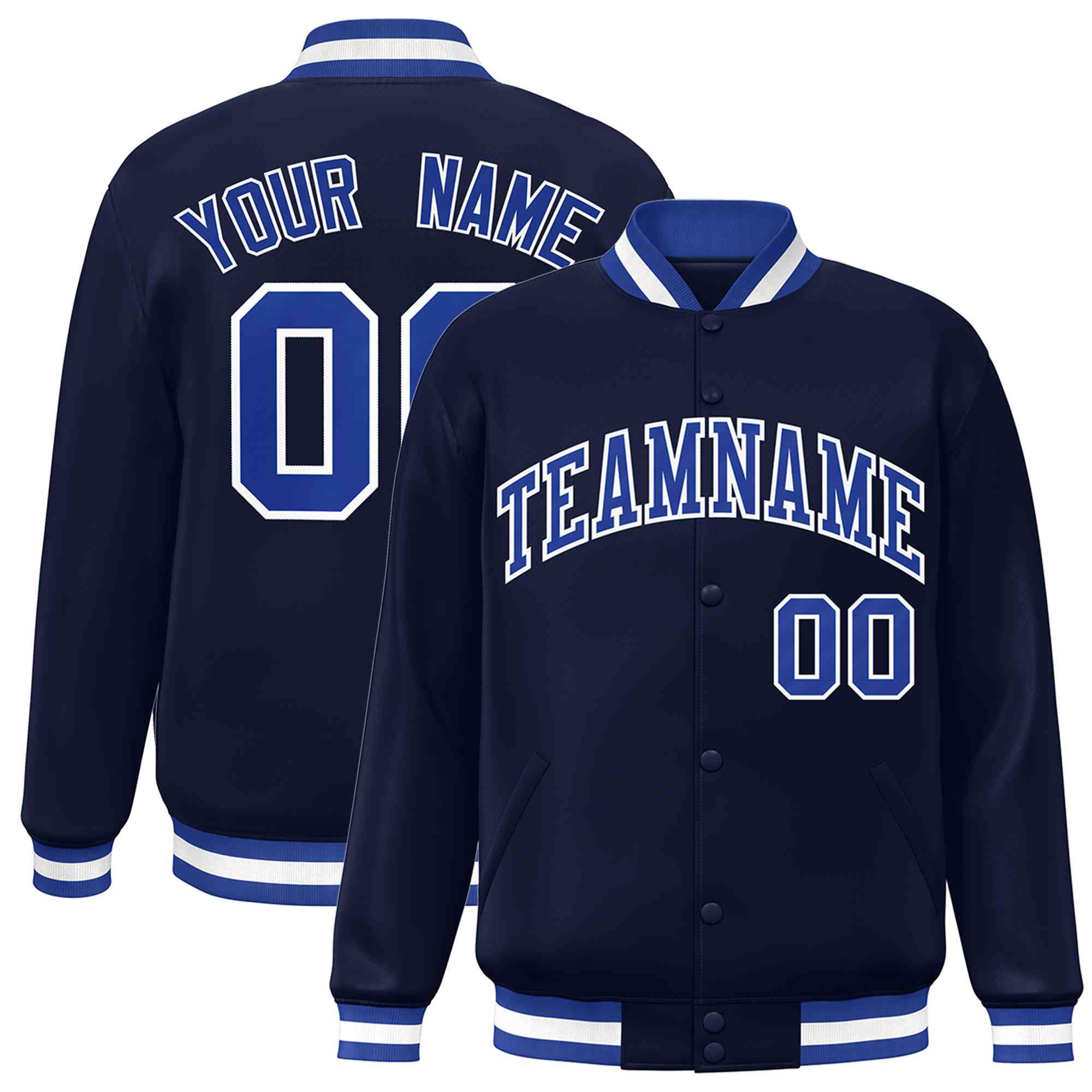 Custom Navy Royal-White Classic Style Varsity Full-Snap Letterman Jacket