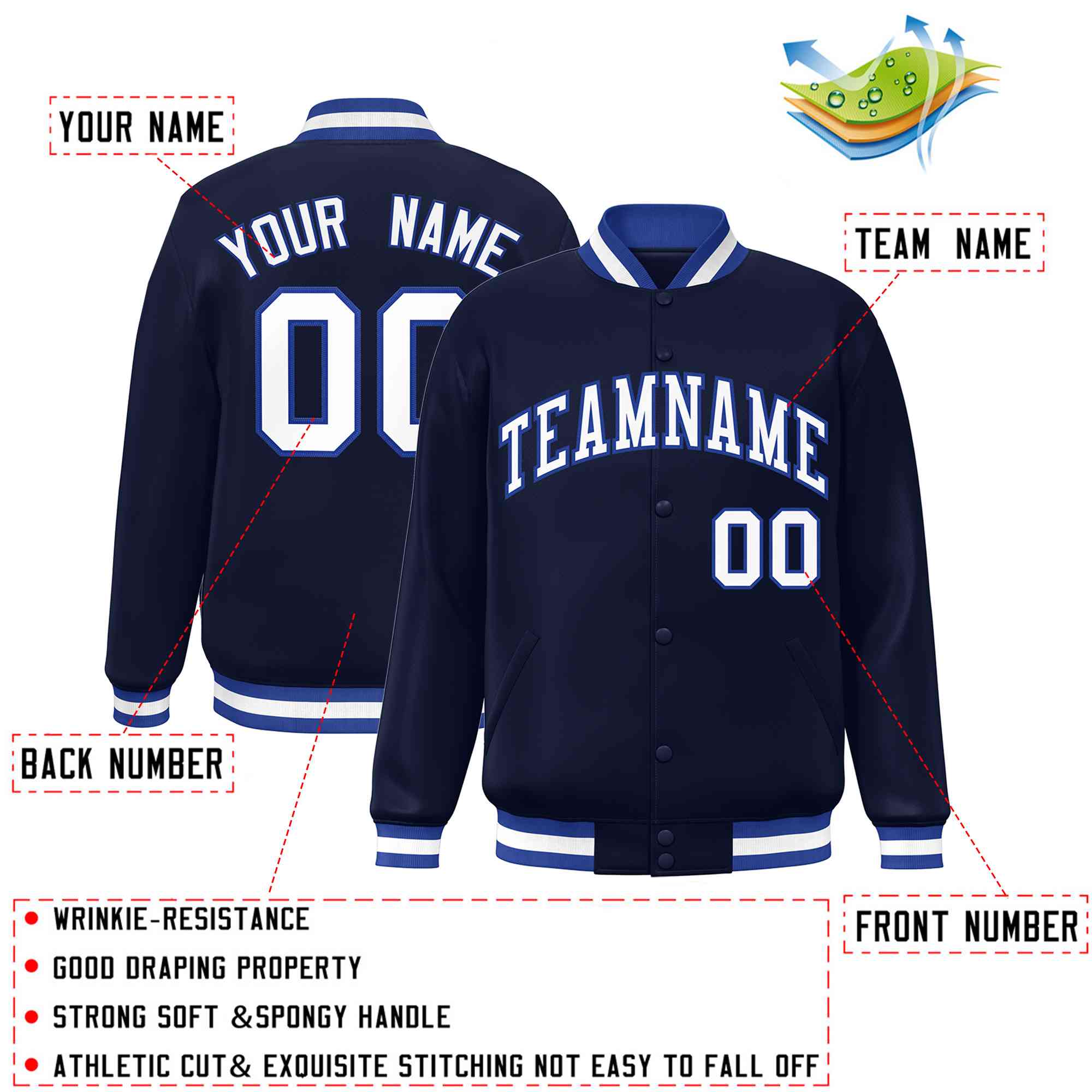 Custom Navy White-Royal Classic Style Varsity Full-Snap Letterman Jacket