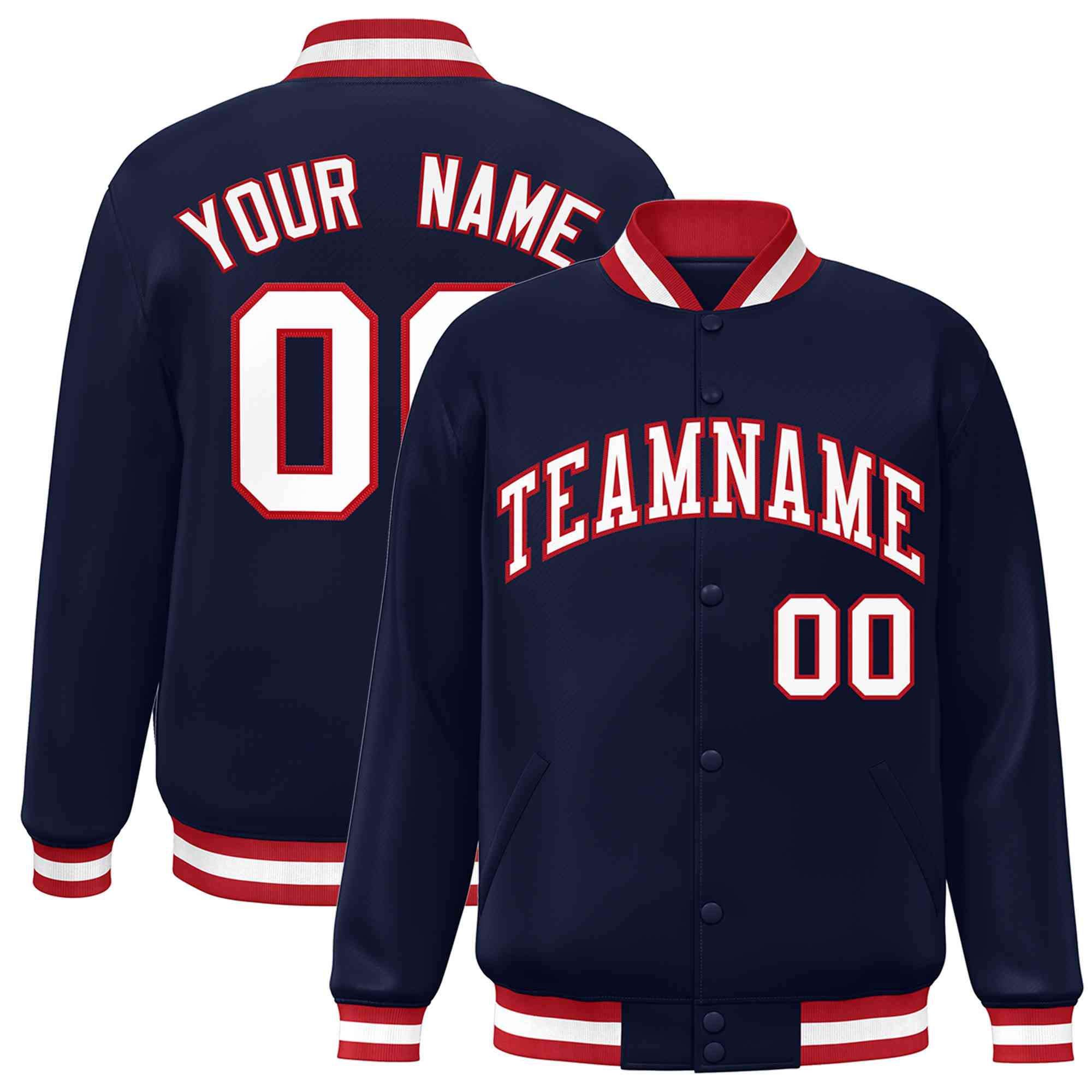 Custom Navy White-Red Classic Style Varsity Full-Snap Letterman Jacket