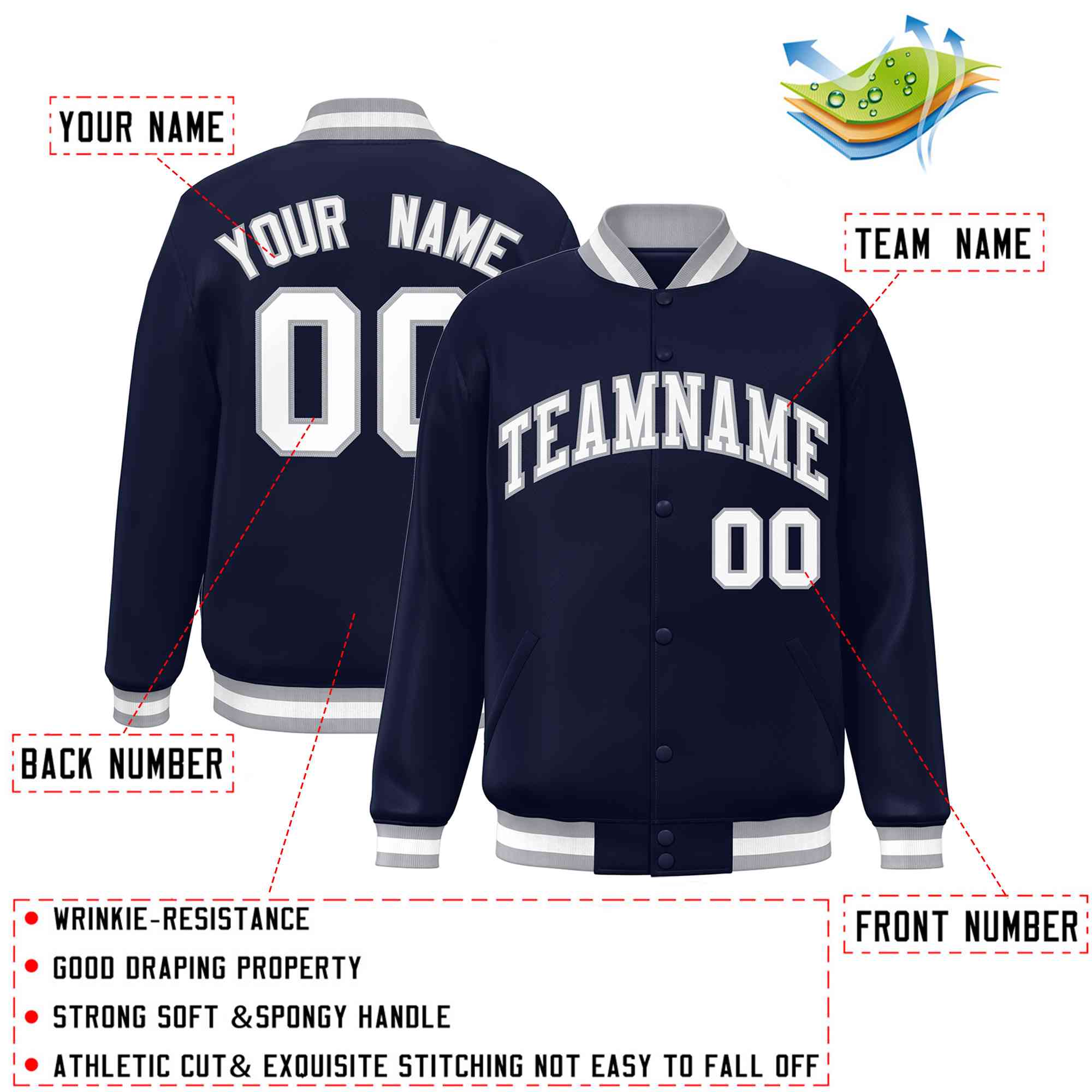 Custom Navy White-Gray Classic Style Varsity Full-Snap Letterman Jacket