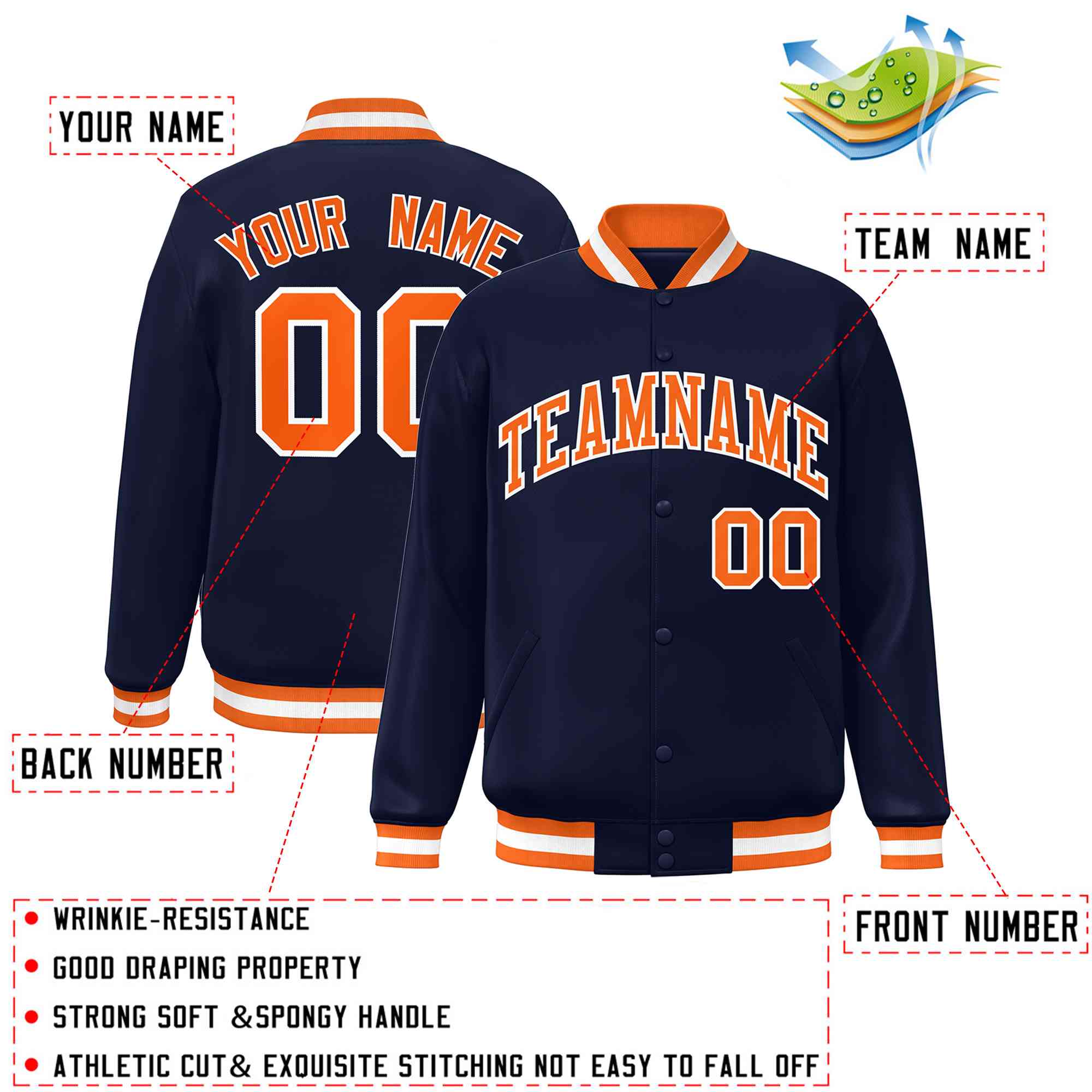 Custom Navy Orange-White Classic Style Varsity Full-Snap Letterman Jacket