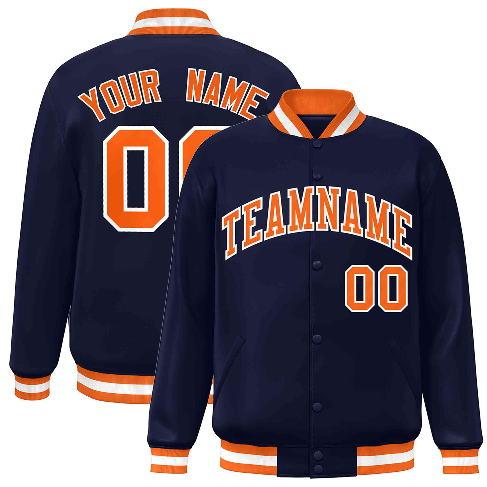 Custom Navy Orange-White Classic Style Varsity Full-Snap Letterman Jacket