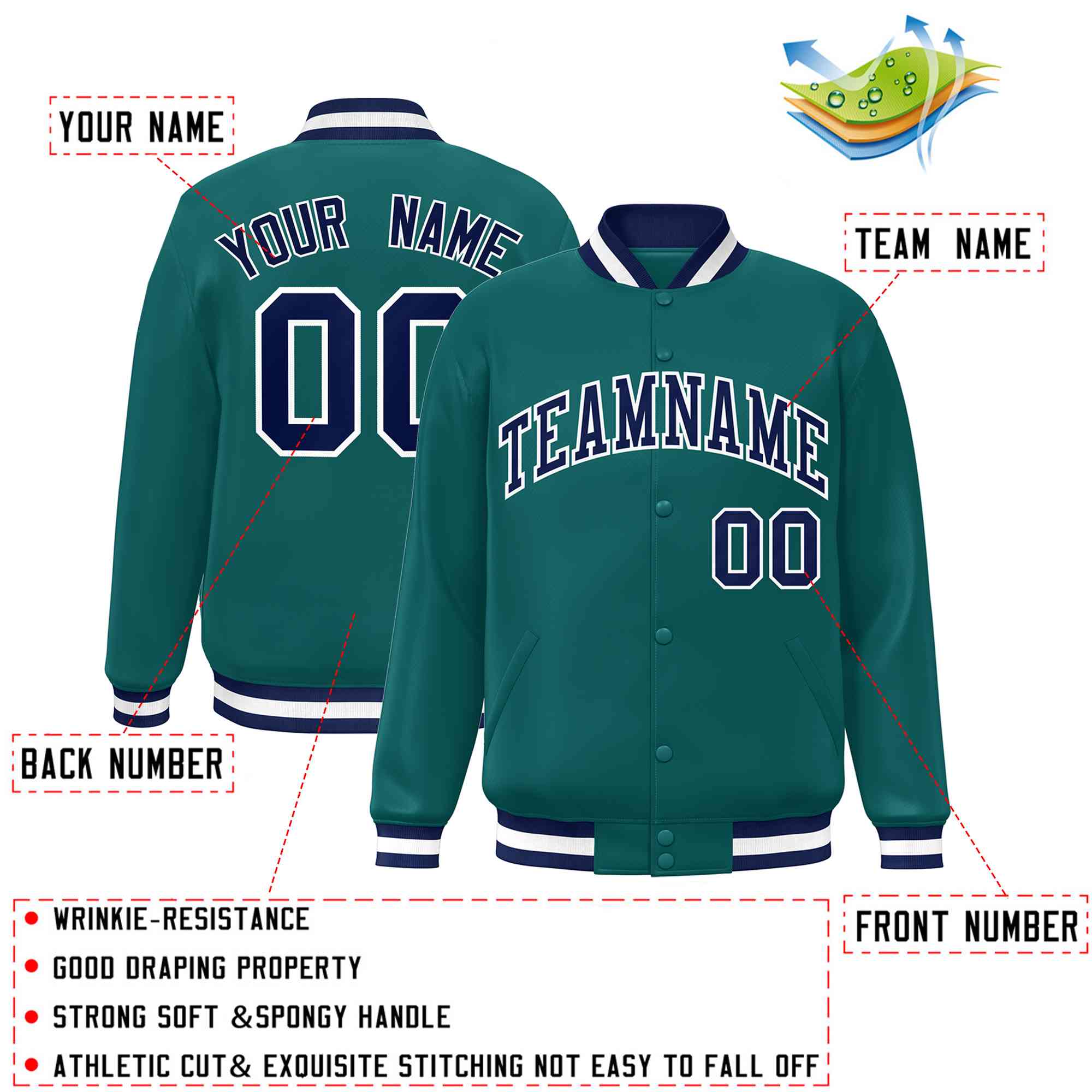 Custom Aqua Navy-White Classic Style Varsity Full-Snap Letterman Jacket