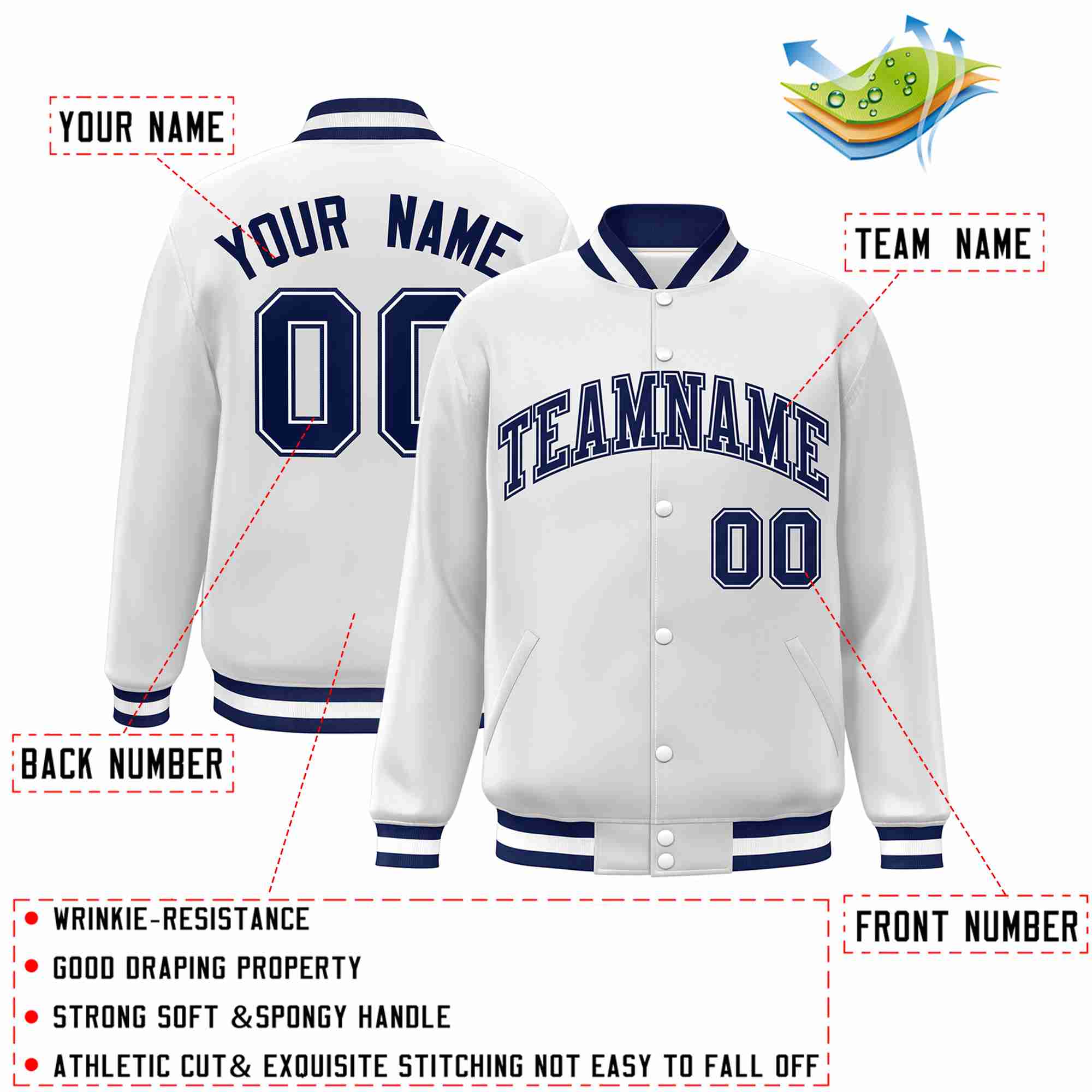 Custom White Navy-White Classic Style Varsity Full-Snap Letterman Jacket